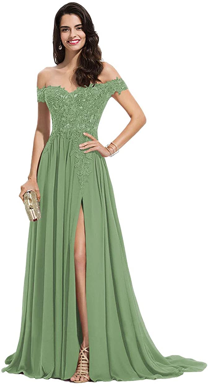 Elegant Off Shoulder Lace Prom Dress with High Slit | Long Chiffon Formal Gown with Applique Details | Women's Evening Party Dress for Prom, Homecoming, Wedding & Special Occasions