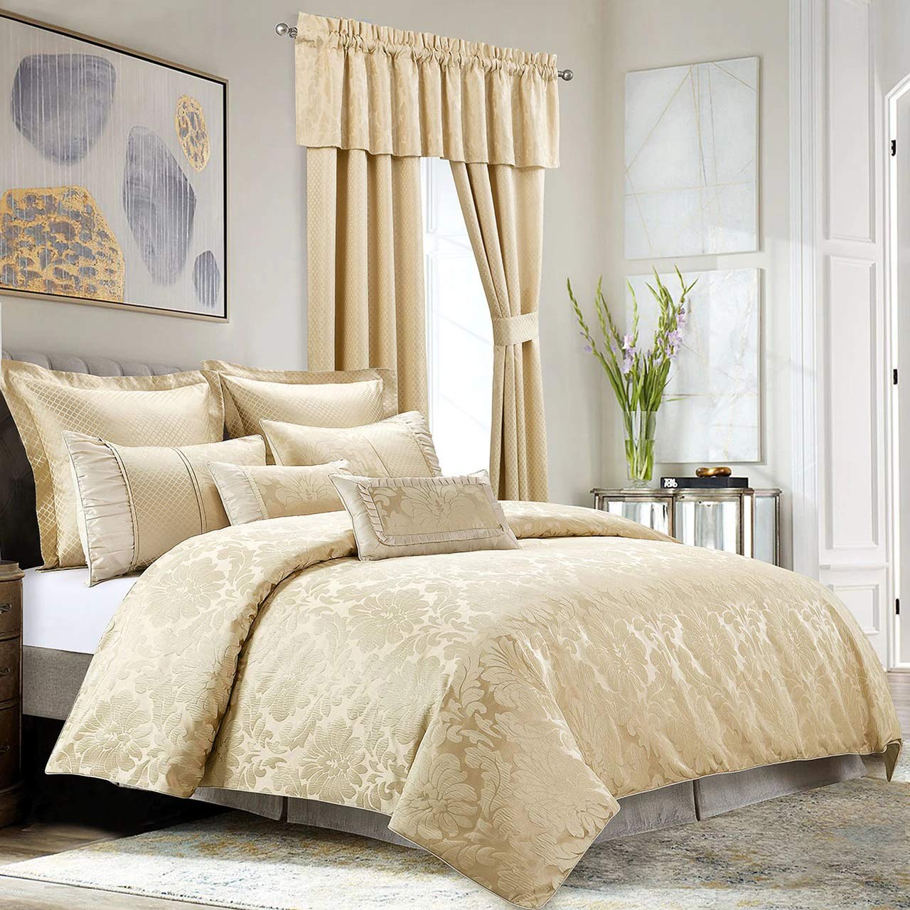 13-Piece California King Bed in a Bag Set - Beige Duvet Cover, 100% Cotton Sheets, Bed Skirt & Down Alternative Comforter | Complete Luxury Bedding for Master Bedrooms & Guest Suites
