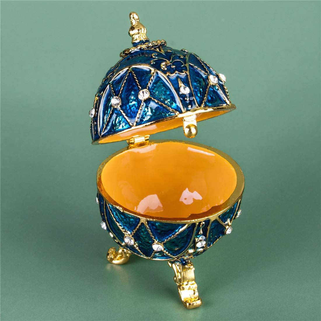 Exquisite Blue Faberge Egg Trinket Box - Hand-Painted Collectible Jewelry Box with Crystal Accents & Hinged Lid - Perfect for Easter Gifts, Jewelry Storage & Home Decor
