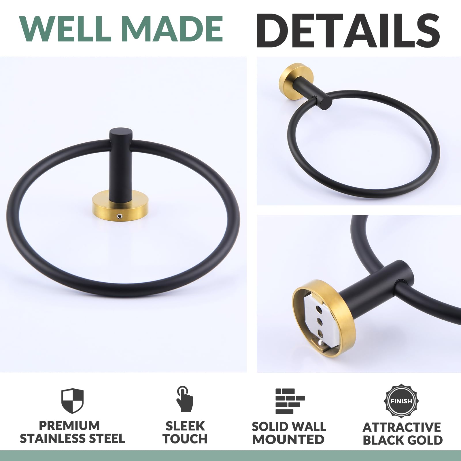APLusee Stainless Steel Hand Towel Ring - Black & Gold Bathroom Towel Holder Loop for Modern Homes | Perfect for Kitchen, Bathroom & Guest Room Decor
