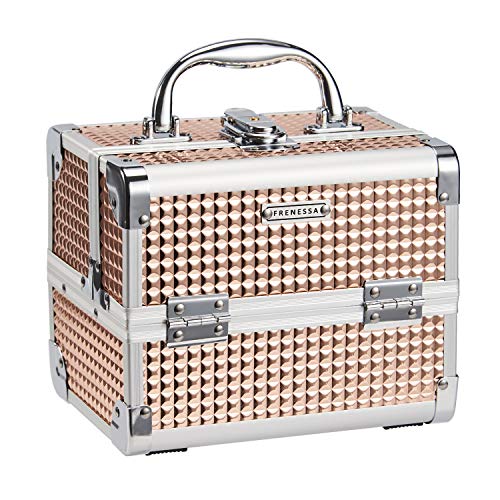 FRENESSA Professional Makeup Train Case - Portable Cosmetic Organizer with 2 Trays & Mirror, Rose Gold Jewelry Storage Box for Makeup Artists, Travel, Toiletry & Craft Supplies | Perfect for Salon, Home Use & On-the-Go Beauty Needs