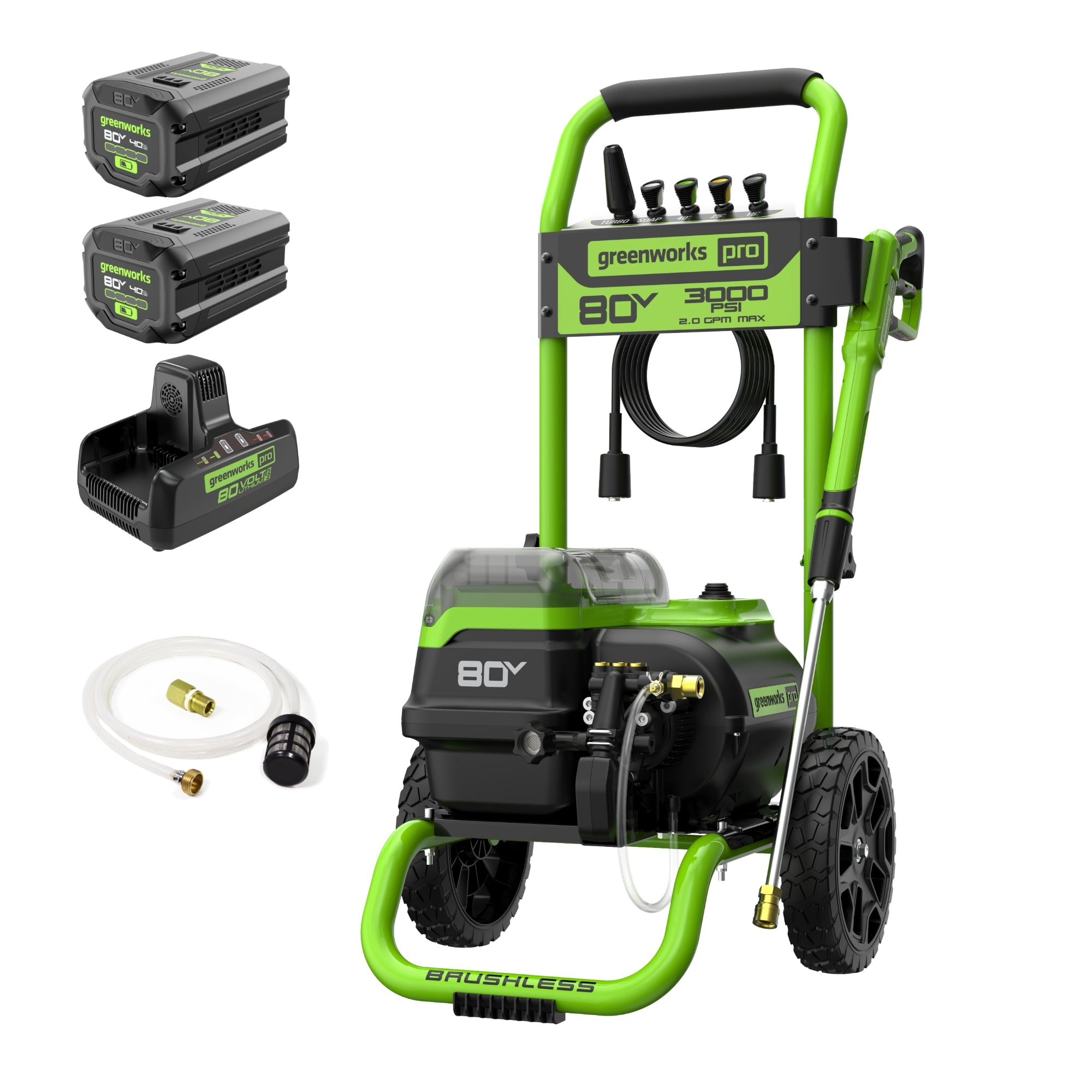 80V 3000 PSI 2.0 GPM Electric Pressure Washer with 2 x 4.0Ah Batteries & Dual Port Charger - Perfect for Home Cleaning, Car Washing, and Outdoor Surface Maintenance