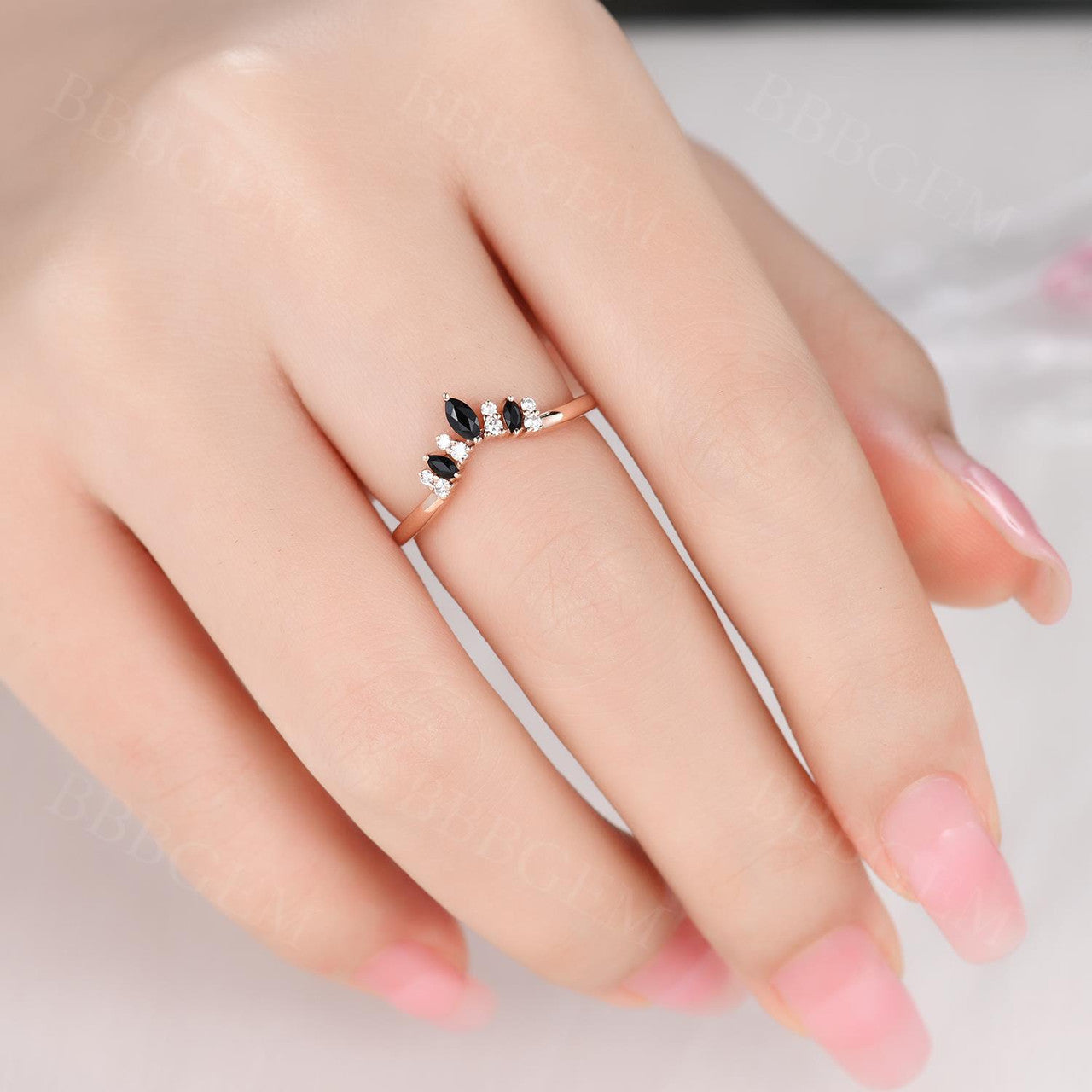Elegant Marquise & Round Cut Black Spinel Diamond Wedding Band for Women - Curved Stackable Ring for Bridal, Anniversary & Special Occasions