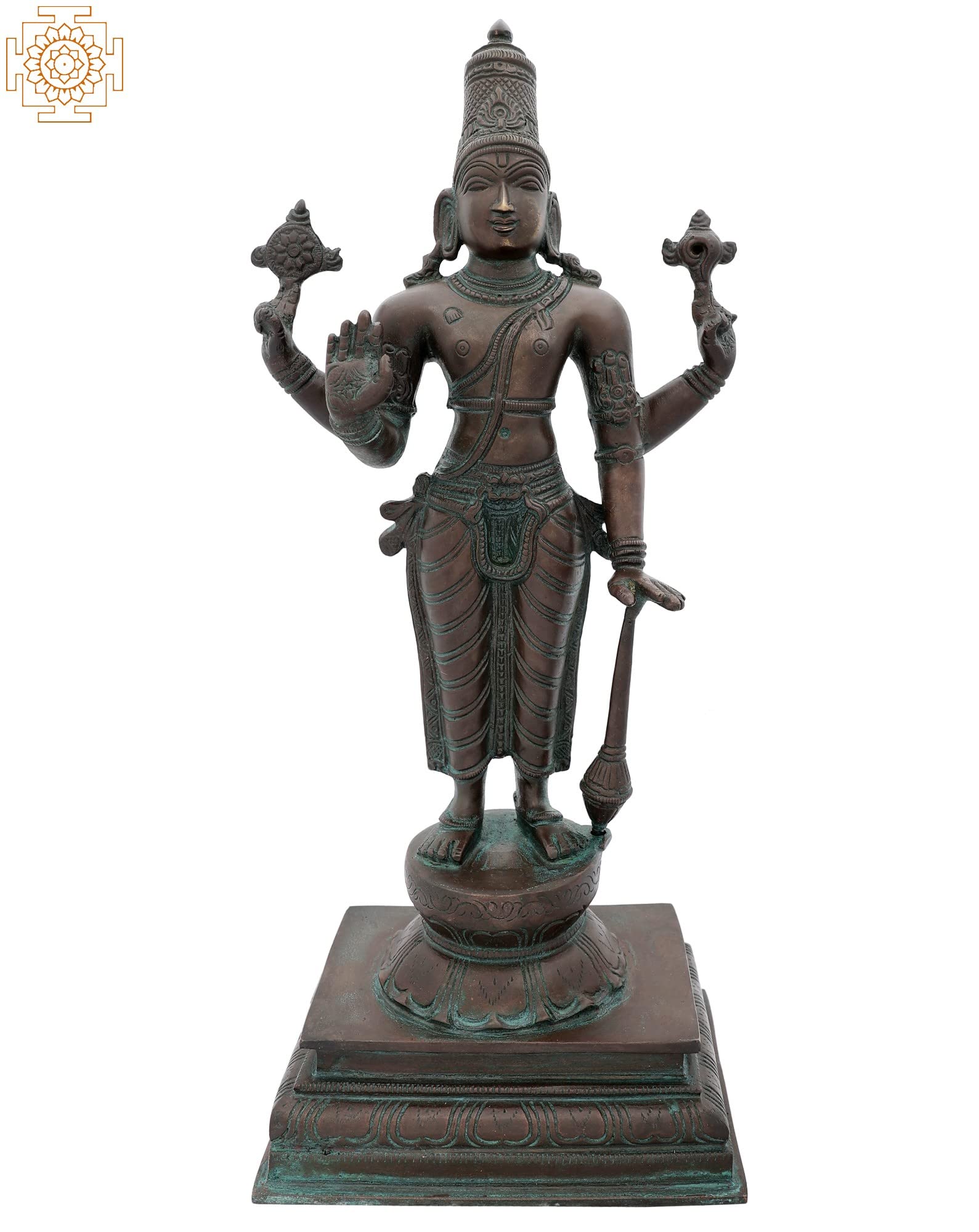 14 Inch Standing Chaturbhujadhari Lord Vishnu Brass Statue - Handmade in India | Hindu God Vishnu Sculpture for Home Altar, Temple Decor & Spiritual Gift