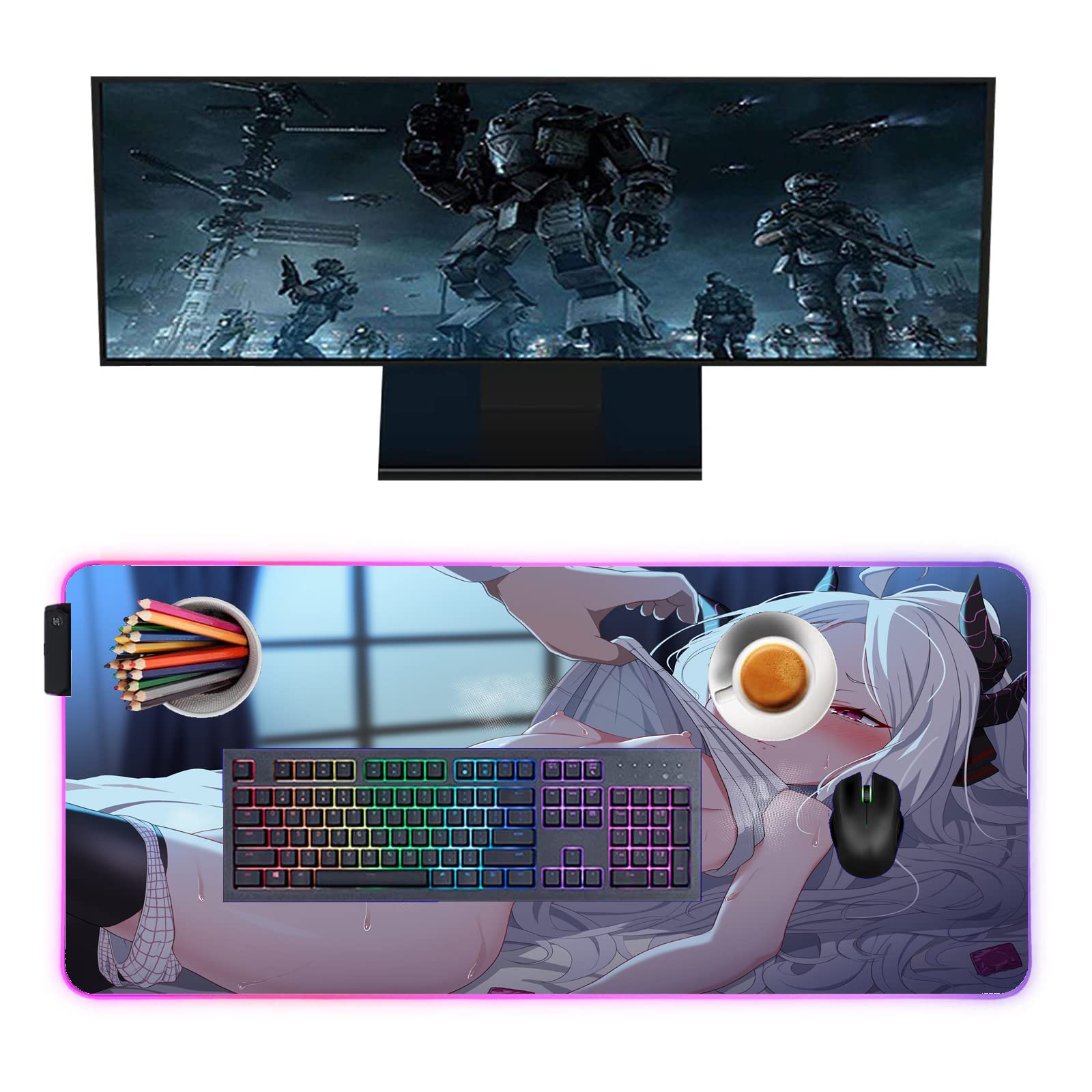 Anime Girl RGB Gaming Mouse Pad with LED Backlight - Extra Large 39.37x19.68 Inch Non-Slip Desk Mat for Computer, Laptop & Keyboard | Perfect for Gamers, Office Work & Home PC Setup