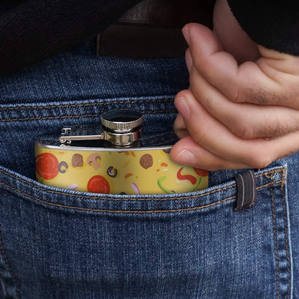Stainless Steel 5oz Hip Flask with Pizza Pattern - Pepperoni, Olives & Onions Design | Perfect for Outdoor Adventures, Parties & Gifts
