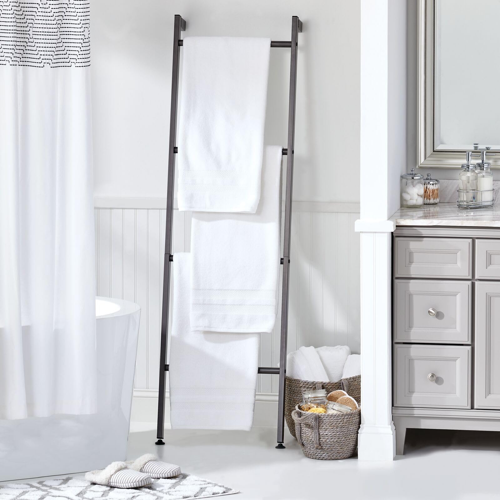 Metal Leaning Blanket & Towel Ladder - Rustic Blanket Rack for Bedroom Decor & Bathroom Towel Holder - Quilt Display Stand with Wall Mount - Nursery Ladder Organizer in Graphite Gray - Perfect for Farmhouse, Apartment & Dorm Room Storage Solutions