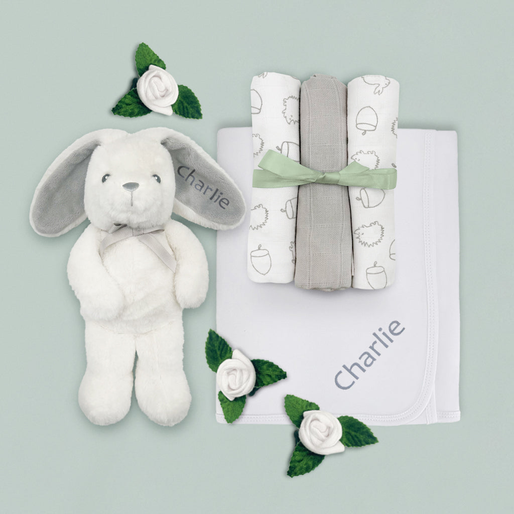 Personalized Baby Gift Set with Little Grey Bunny - Newborn Baby Shower, Christening, Birthday Present for Boys & Girls - Perfect for Nursery Decor and Keepsake Memories