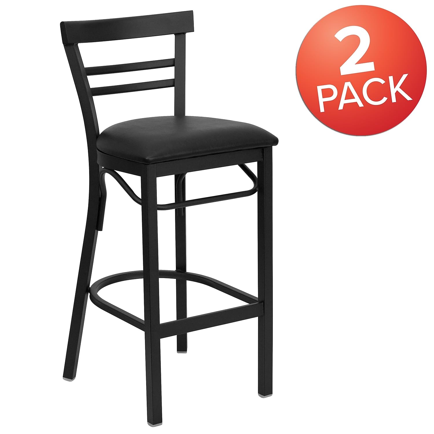 Flash Furniture 2-Pack HERCULES Series Black Metal Bar Stools with 2-Slat Ladder Back & Vinyl Seat - Heavy Duty Restaurant & Home Bar Stools for Kitchen Counter, Breakfast Nook & Commercial Use