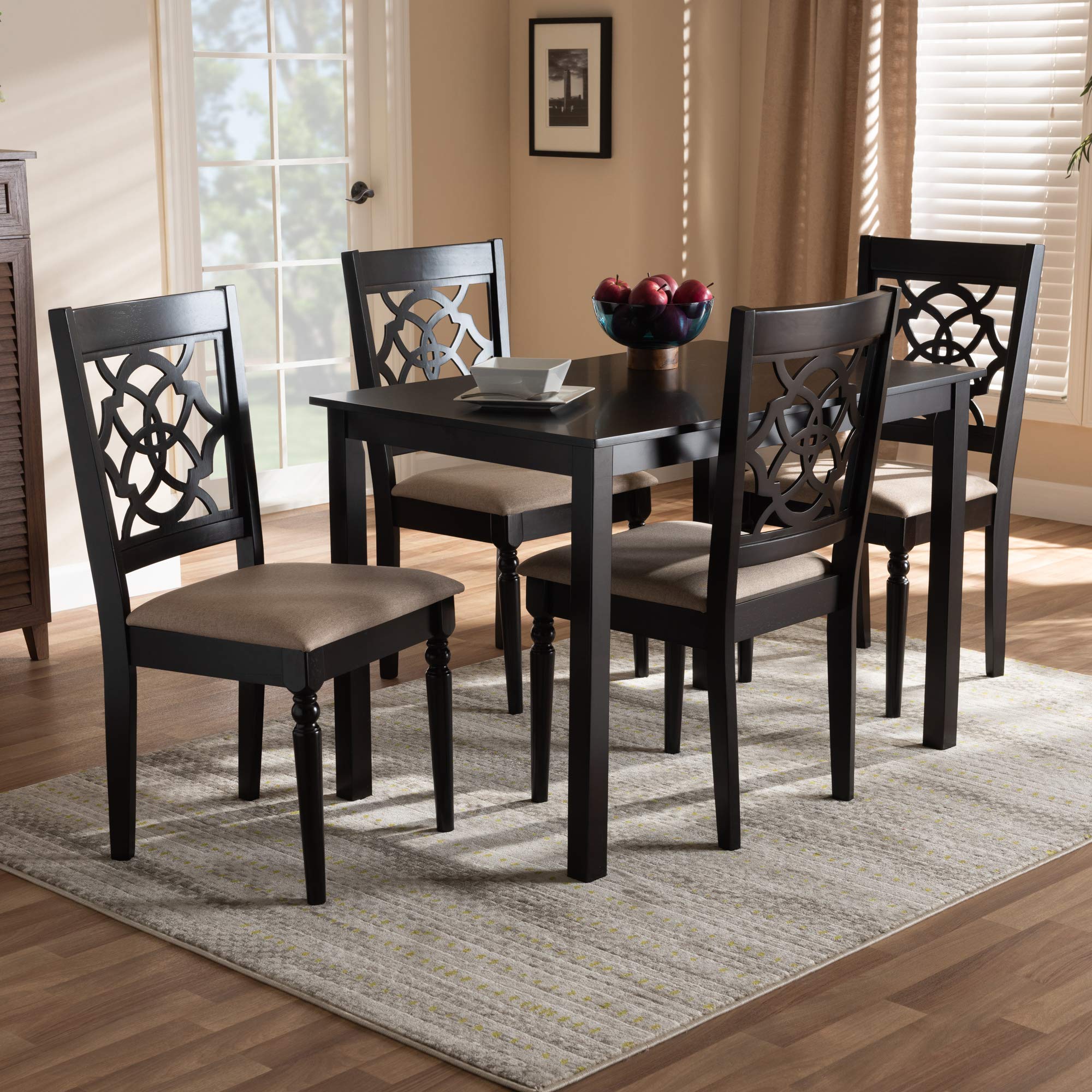 Baxton Studio Renaud 5-Piece Wood Dining Set with Sand Fabric Upholstery & Espresso Brown Finish - Perfect for Small Spaces, Apartments, and Cozy Family Dinners