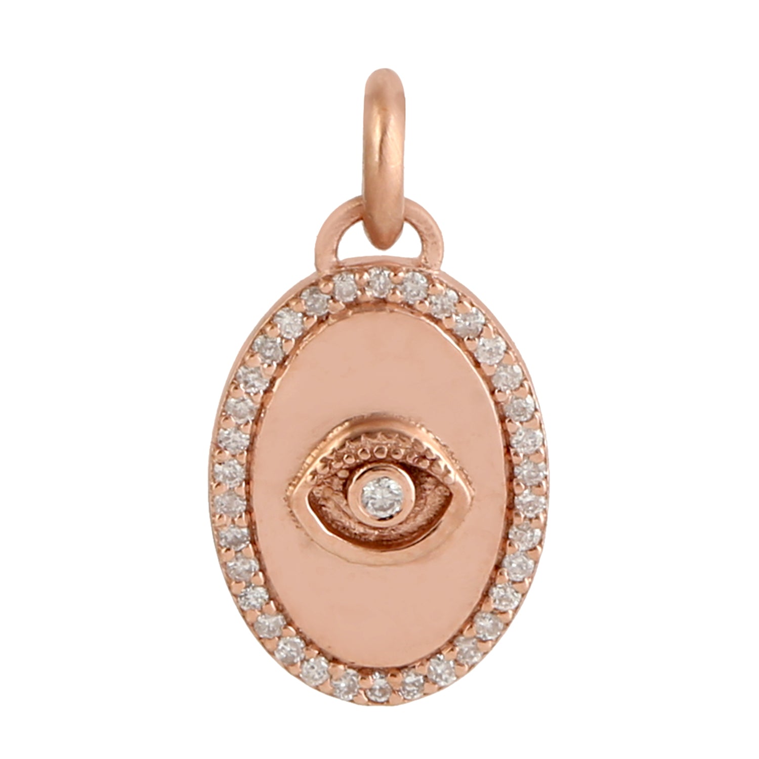 14K Rose Gold Evil Eye Oval Pave Diamond Charm Pendant Necklace - Protection Jewelry Gift for Women, Men, Birthday, Anniversary & Everyday Wear