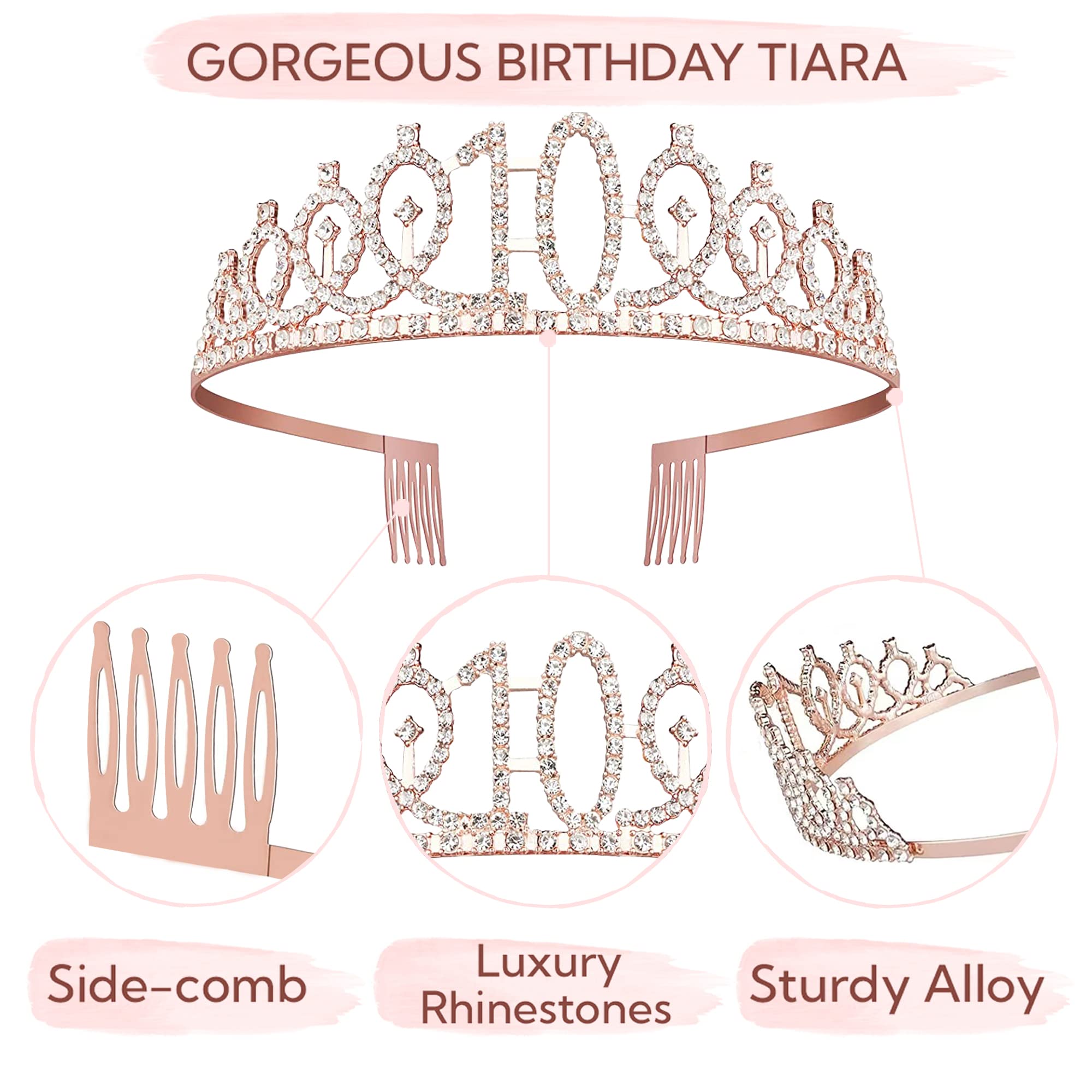 Bella Meri 10th Birthday Party Set for Girls - Sparkling Tiara Crown, Satin Sash, Cake Toppers & Birthday Candles - Complete 10th Birthday Decorations Kit for Women | Perfect for Birthday Parties, Milestone Celebrations & Special Occasions