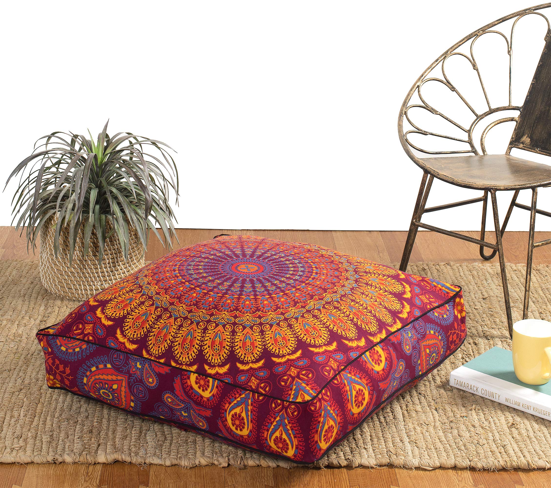 Hippie Mandala Floor Pillow Cover - Cotton Ottoman Pouf for Daybed & Pet Bed - 22
