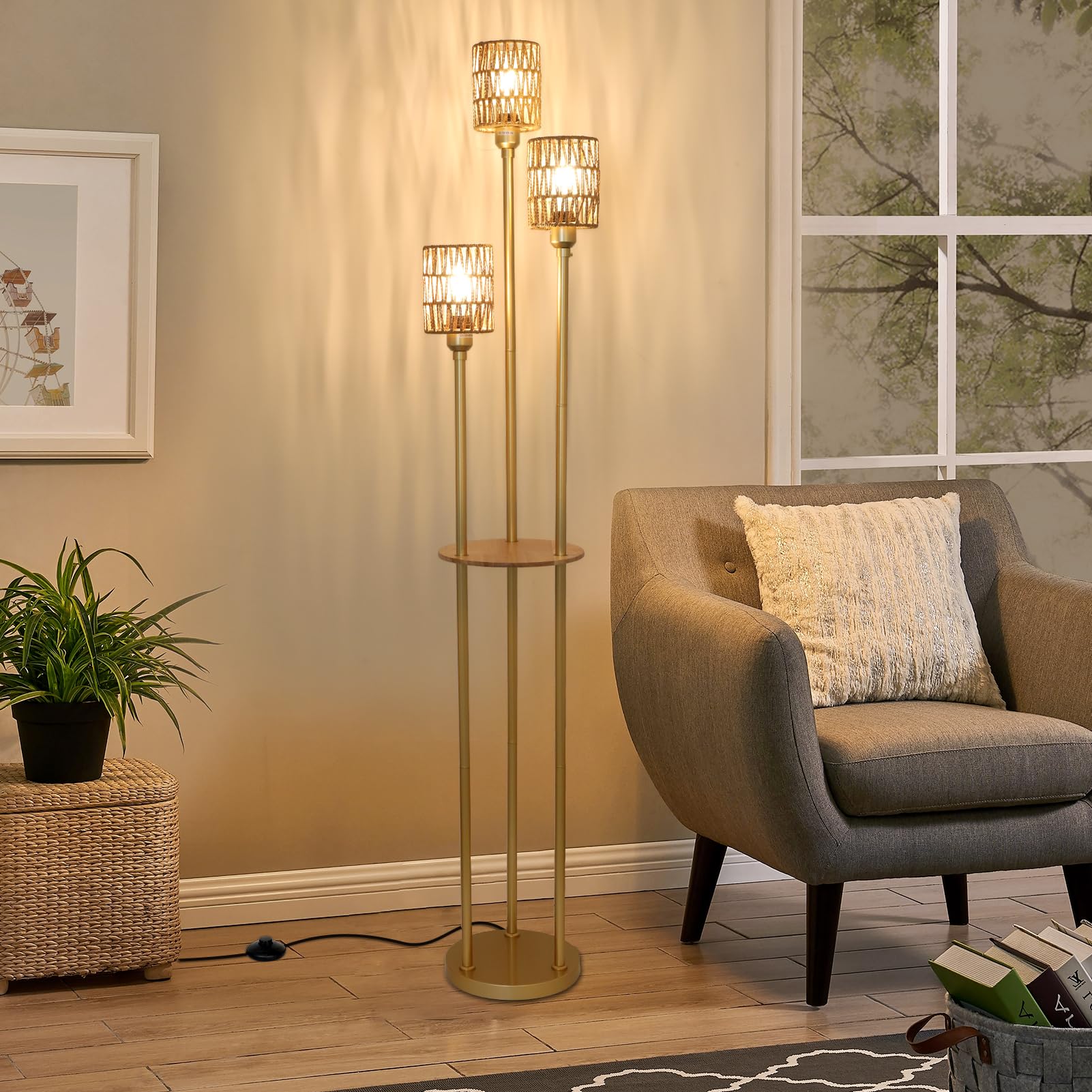 Boho 3-Light Farmhouse Floor Lamp with Shelves & Rattan Shades - Gold Modern Standing Lamp with Foot Switch for Living Room, Bedroom, Office - Perfect for Reading Nook, Cozy Corner & Home Decor
