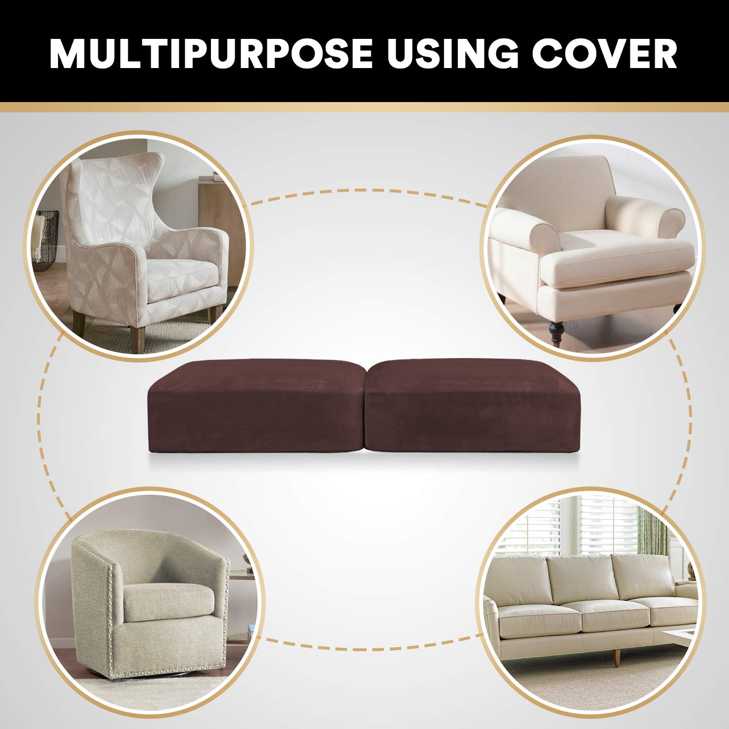PrinceDeco 2-Piece Velvet Stretch Sofa Cushion Covers - Brown Pet-Friendly Furniture Protectors | Non-Slip, Machine Washable Sofa Slipcovers for Living Room, Bedroom & Home Decor