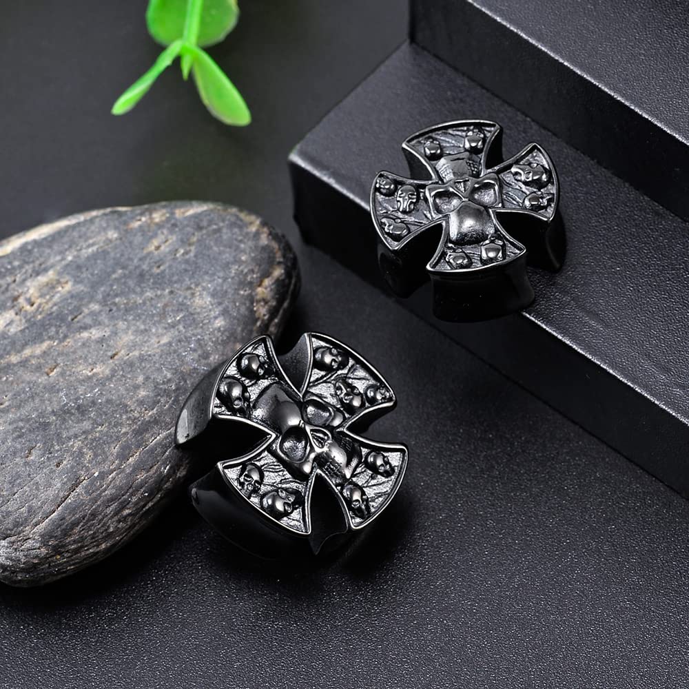 COOEAR Double Flared Ear Plugs 0G to 1 Inch - Gothic Cross & Skull Design Stretcher Tunnels for Ear Gauging - Perfect for Punk, Goth, and Alternative Fashion Lovers