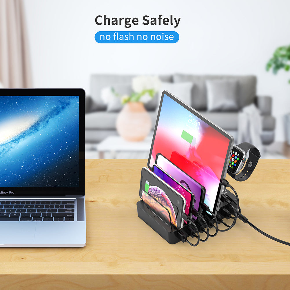 CHOETECH 6-Port USB Charging Station with QC 3.0 Fast Charge - Multi Device Charger Dock for iPhone, iPad, Apple Watch, Samsung & Android Phones - Includes 6 Cables - Perfect for Home, Office & Travel Use