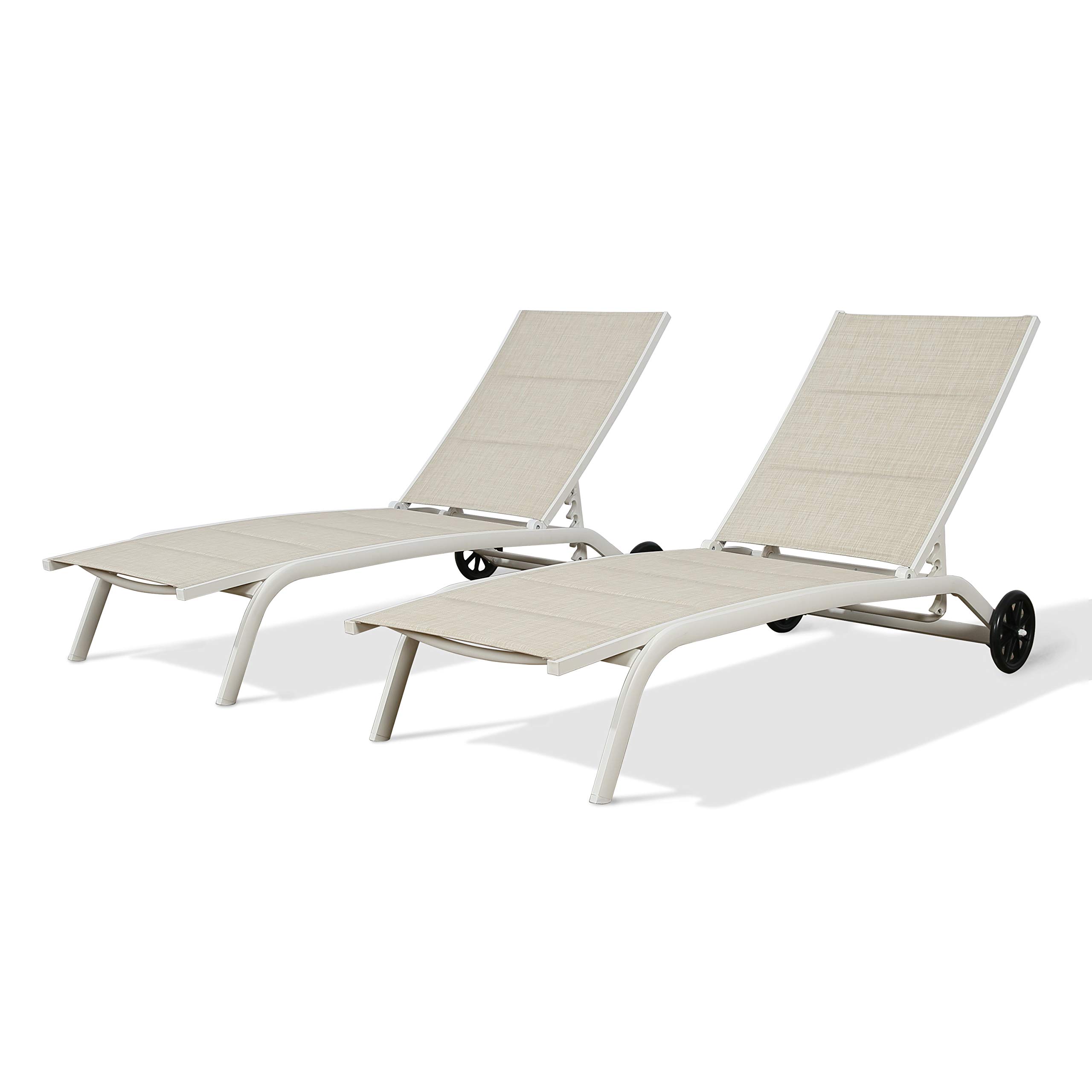 Premium Patio Chaise Lounge Chairs Set of 2 - Textilene Mesh Sling, Quick-Dry Foam, Adjustable Backrest & Wheels - Aluminum Frame Outdoor Recliners (Beige) for Poolside, Beach, Garden & Backyard Relaxation