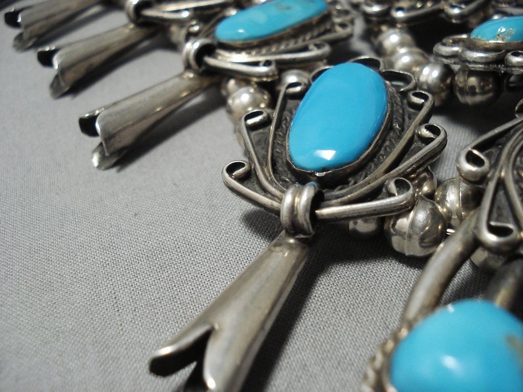 Vintage Navajo Turquoise Sterling Silver Squash Blossom Necklace - 265g Handmade Native American Jewelry for Women, Perfect for Boho Fashion, Weddings & Special Occasions