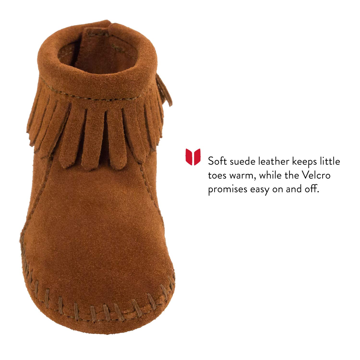 Minnetonka Velcro Back Flap Bootie for Toddlers - Soft Leather Moccasin Shoes for Boys & Girls - Comfortable Slip-On Casual Footwear for Daily Wear, Playtime & Outdoor Adventures