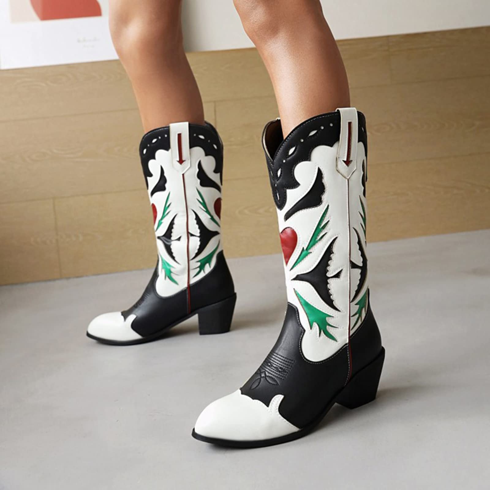 Women's Cowboy Boots with Chunky Heel - Embroidered Square Toe Western Cowgirl Boots (Black, Size 5.5 US) | Perfect for Country Dancing, Rodeos & Western Fashion