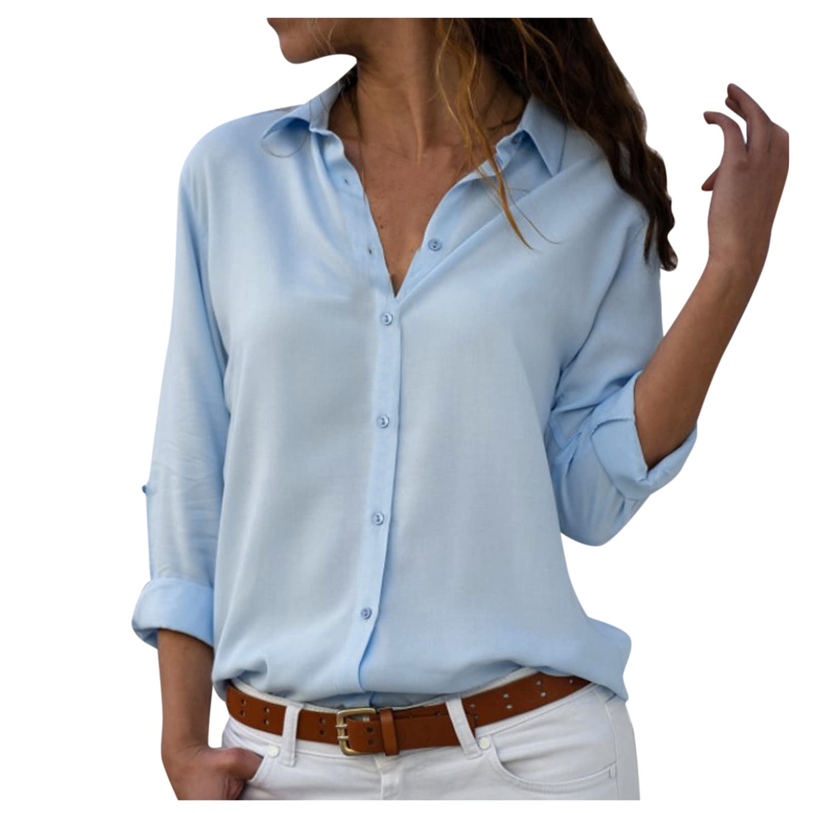 Women's Long Sleeve Button Down Shirt - Solid Color Oversized Blouse with Turn-Down Collar | Casual Workwear & Everyday Stylish Tops for Women