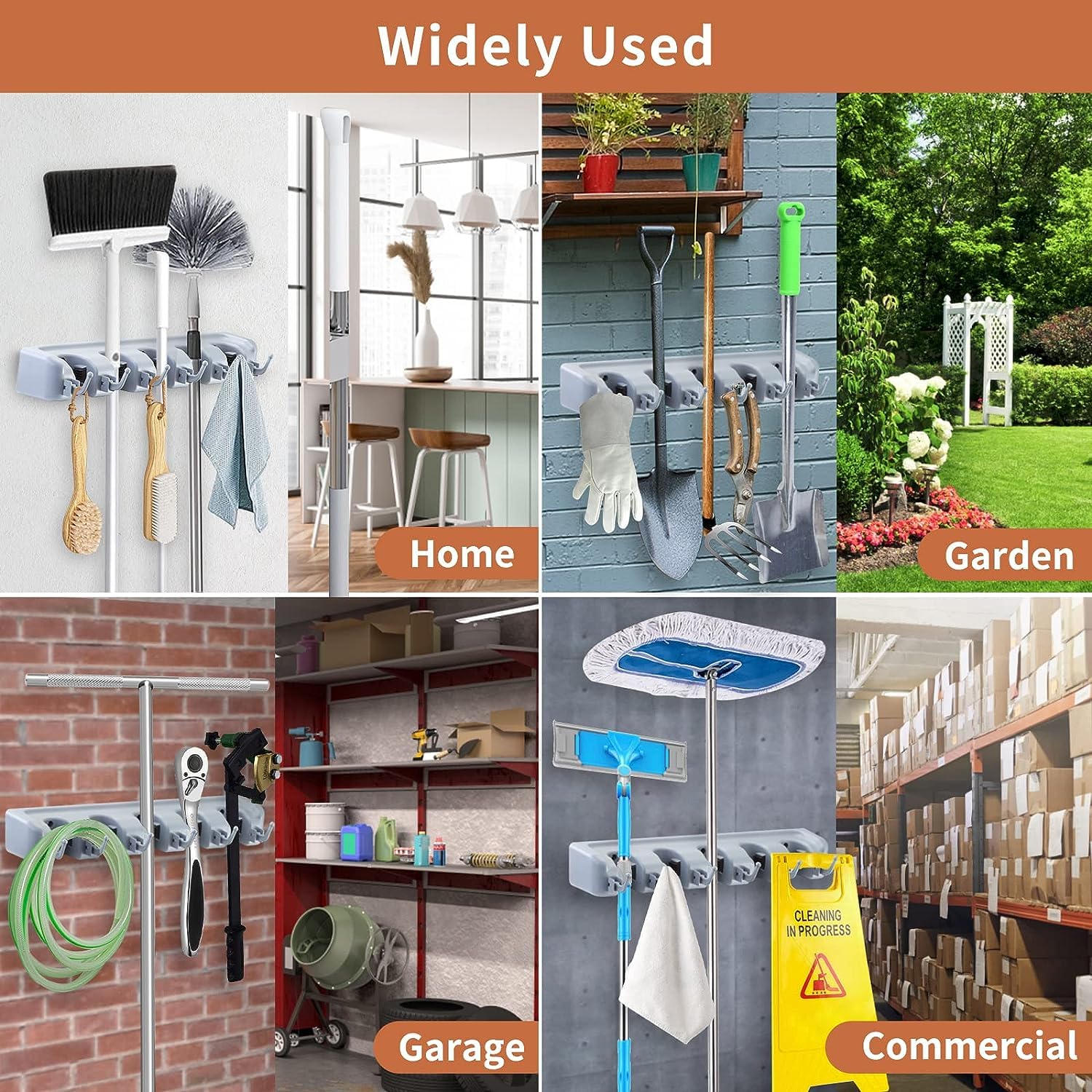 Heavy Duty Wall Mount Broom and Mop Holder with Hooks - Space Saving Garage, Laundry Room & Garden Tool Organizer Rack - Durable Grey Storage Solution for Brooms, Mops, Garden Tools and Cleaning Supplies