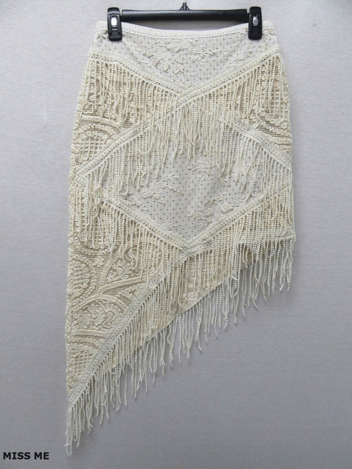Miss Me MS0502S Women's Asymmetrical Crochet Macrame Mini Skirt - Natural Boho Beach Skirt for Summer Vacation & Music Festivals