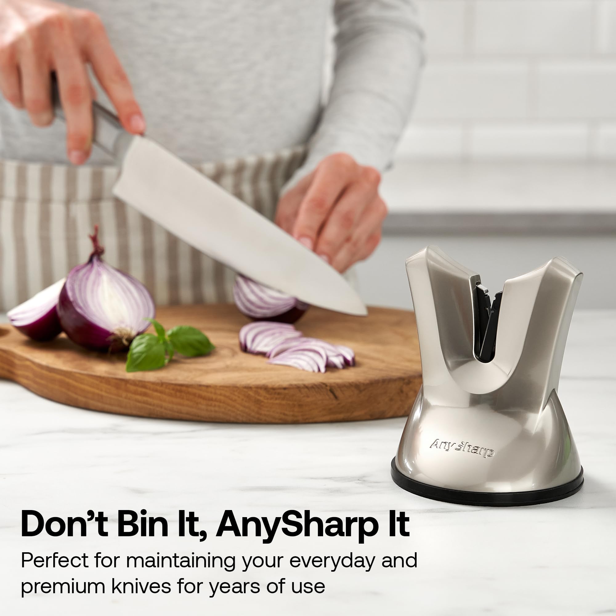 AnySharp XBLADE Hands-Free Knife Sharpener - Easy-to-Use Sharpening Tool with PowerGrip Suction Base & Self-Adjusting Angles (12.5°-22.5°) - Works on All Knives Including Chef's, Serrated & Cleavers - Silver - Perfect for Kitchen, Camping & Outdoor Cooking