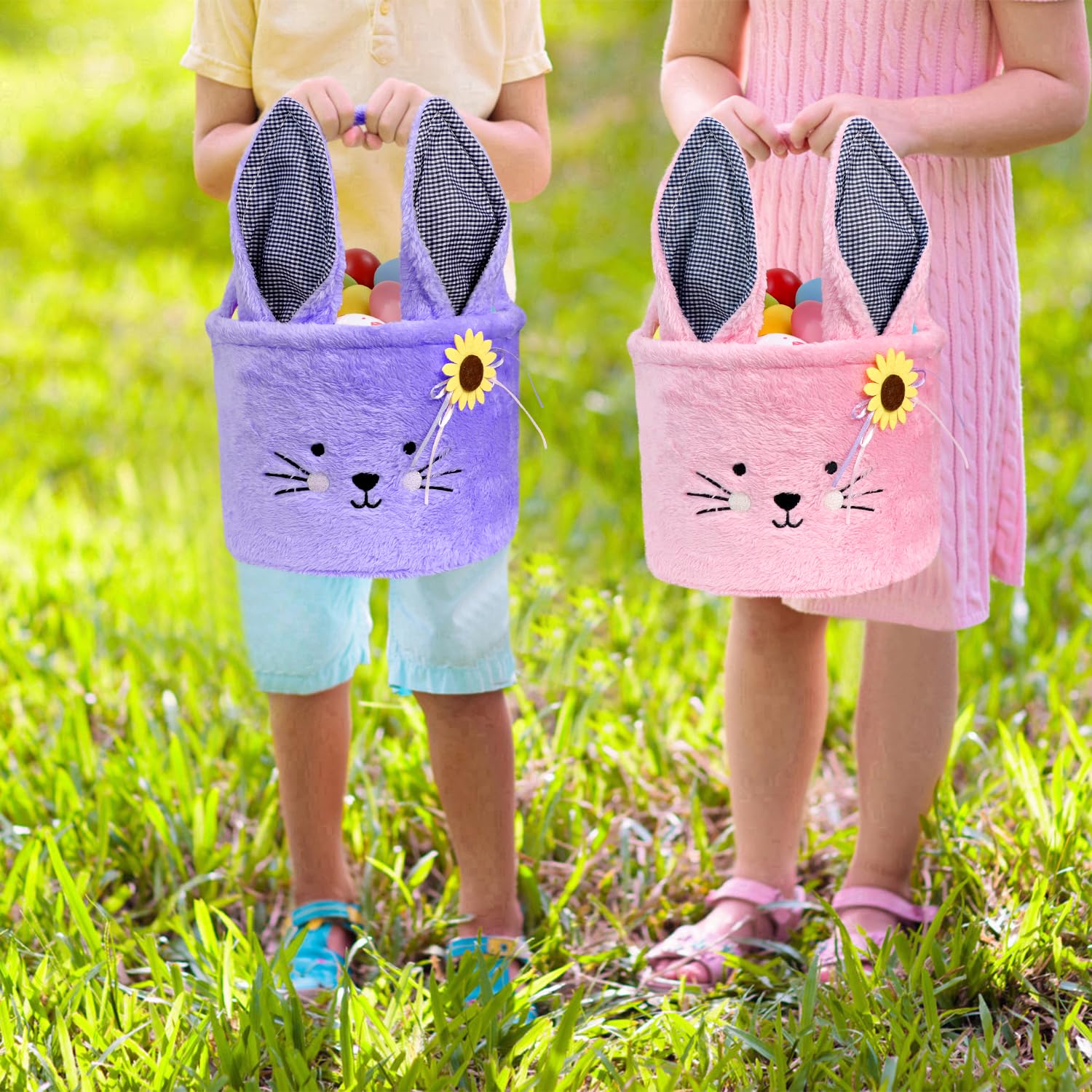 Faylapa 2Pcs Plush Easter Bunny Basket Bags with Plaid Long Ears - Personalized Easter Egg Basket for Candy, Party Decor & Gifts (Pink & Purple) - Perfect for Easter Celebrations, Egg Hunts & Spring Decorations
