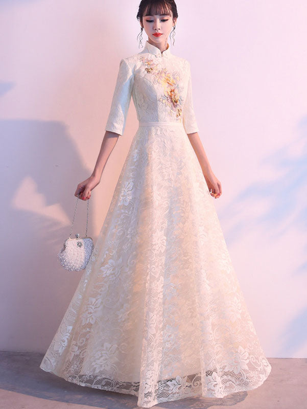 Ivory Embroidered Lace Floor Length Cheongsam Qi Pao Dress - Elegant Traditional Chinese Qipao for Weddings, Parties & Special Occasions
