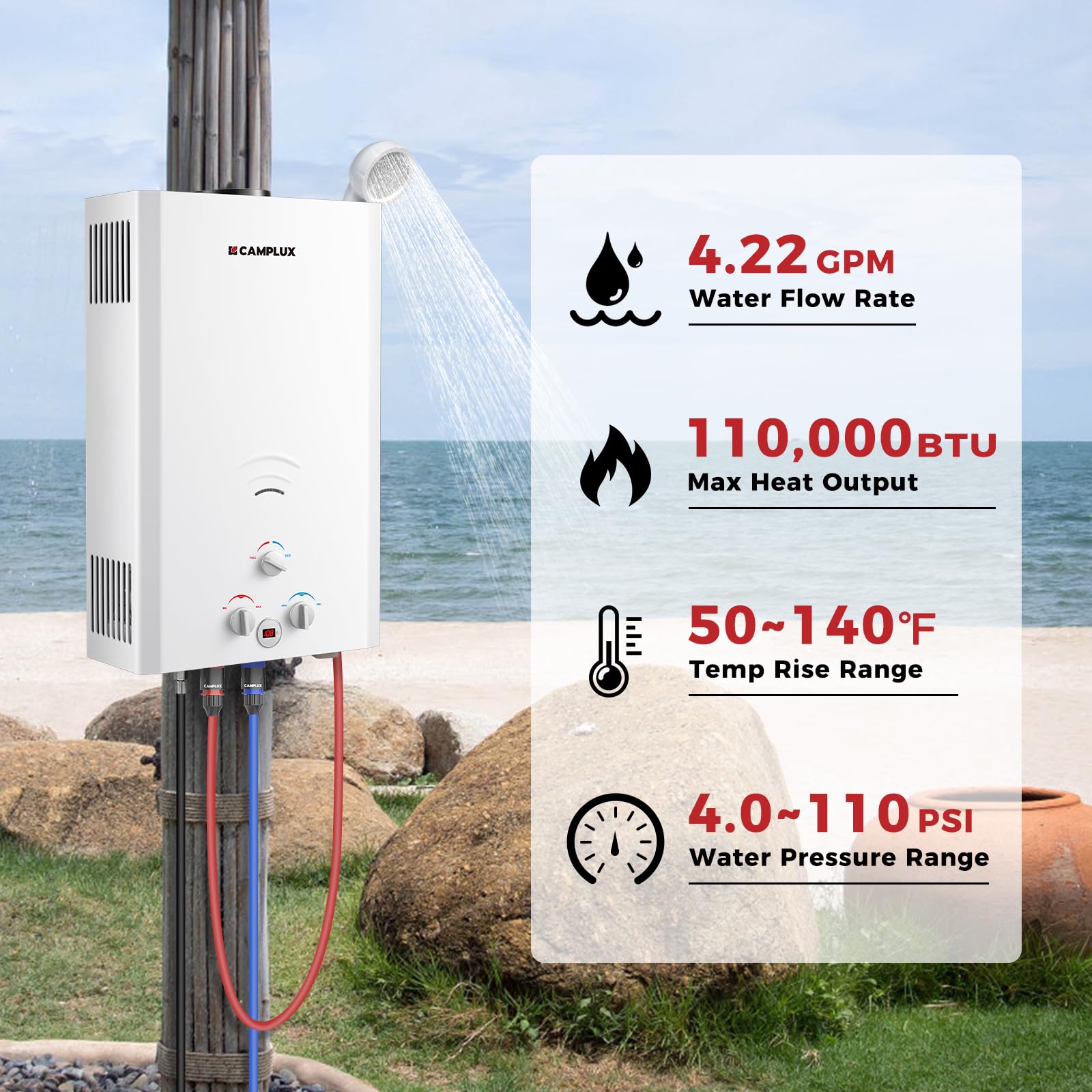 CAMPLUX 4.22 GPM Outdoor Propane Tankless Water Heater - 16L Portable Instant Hot Water System for Camping, RV, Tiny House & Off-Grid Living (110,000 BTU, BW422) | Perfect for Showers, Washing Dishes & Outdoor Sinks