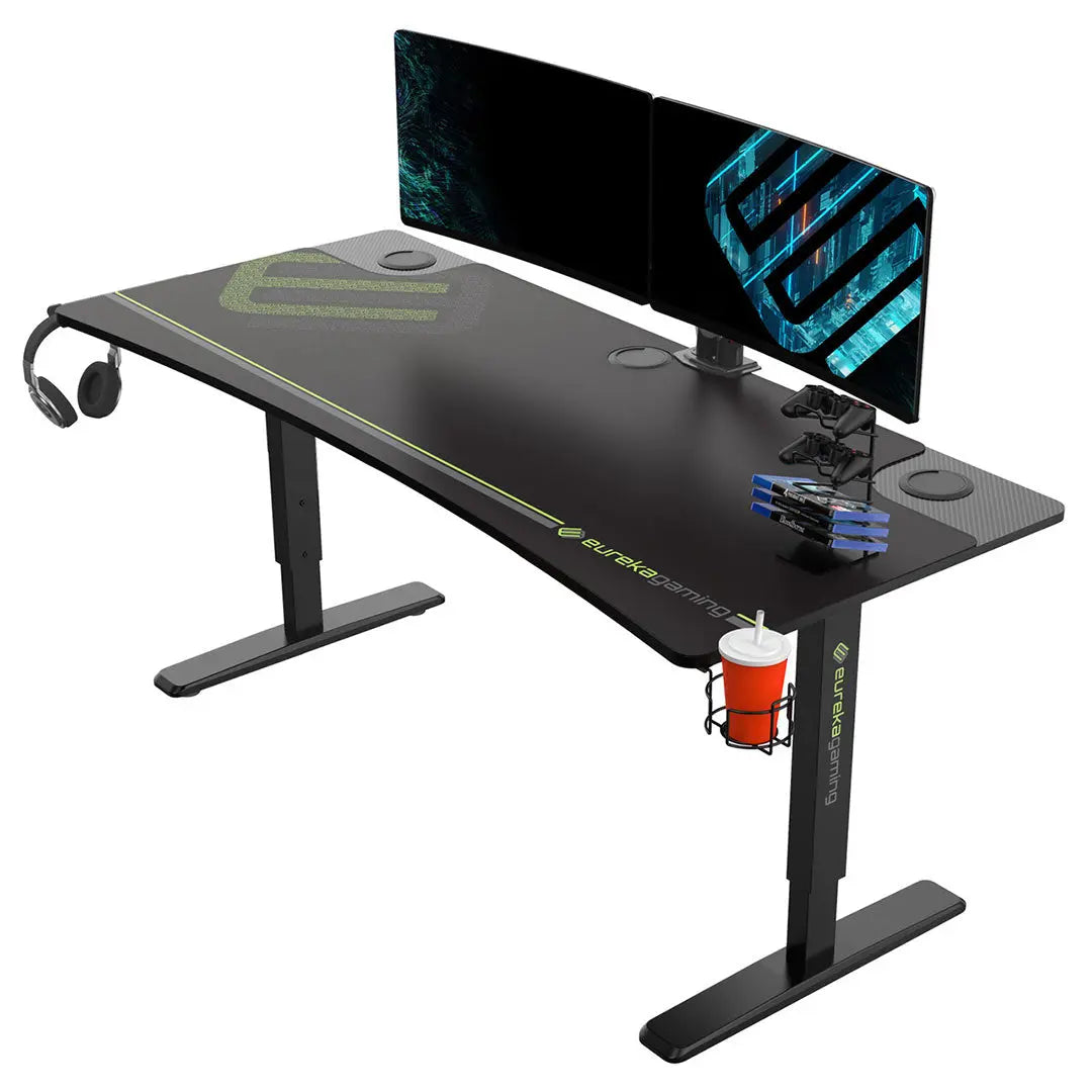 Height Adjustable Gaming Desk 63x27 Inches - Ergonomic Manual Sit Stand Desk for PC & Console Gaming, Home Office, and Study - Perfect for Gamers, Streamers & Remote Workers