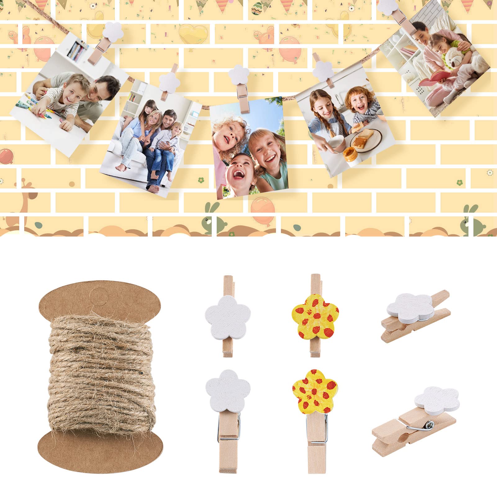 White Wooden Flower Clothespins - 100pcs with Jute Twine for Photo Display & Party Decor