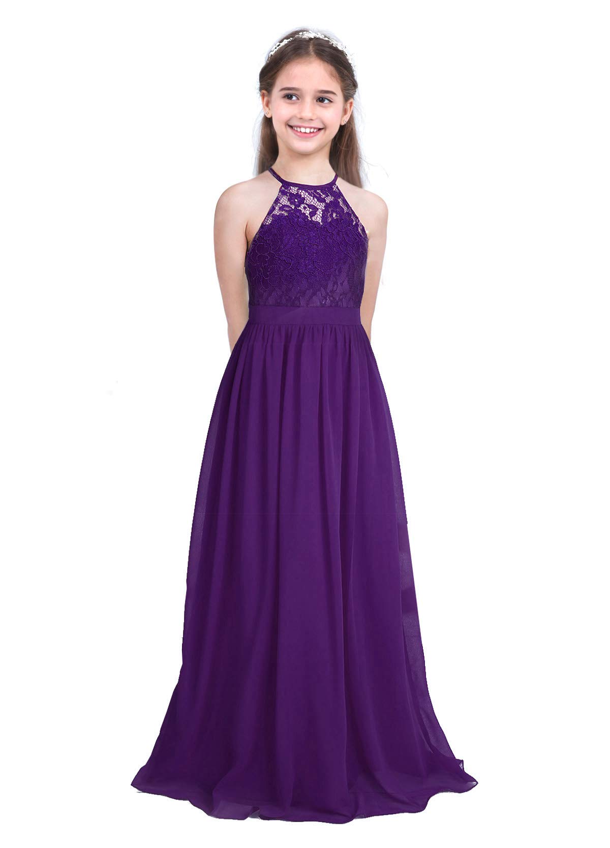 JEATHA Girls Lace Halter Neck Sleeveless Flower Dress - Wedding Guest, Birthday Party, First Communion Gown - Elegant Maxi Dress for Special Occasions & Photo Shoots