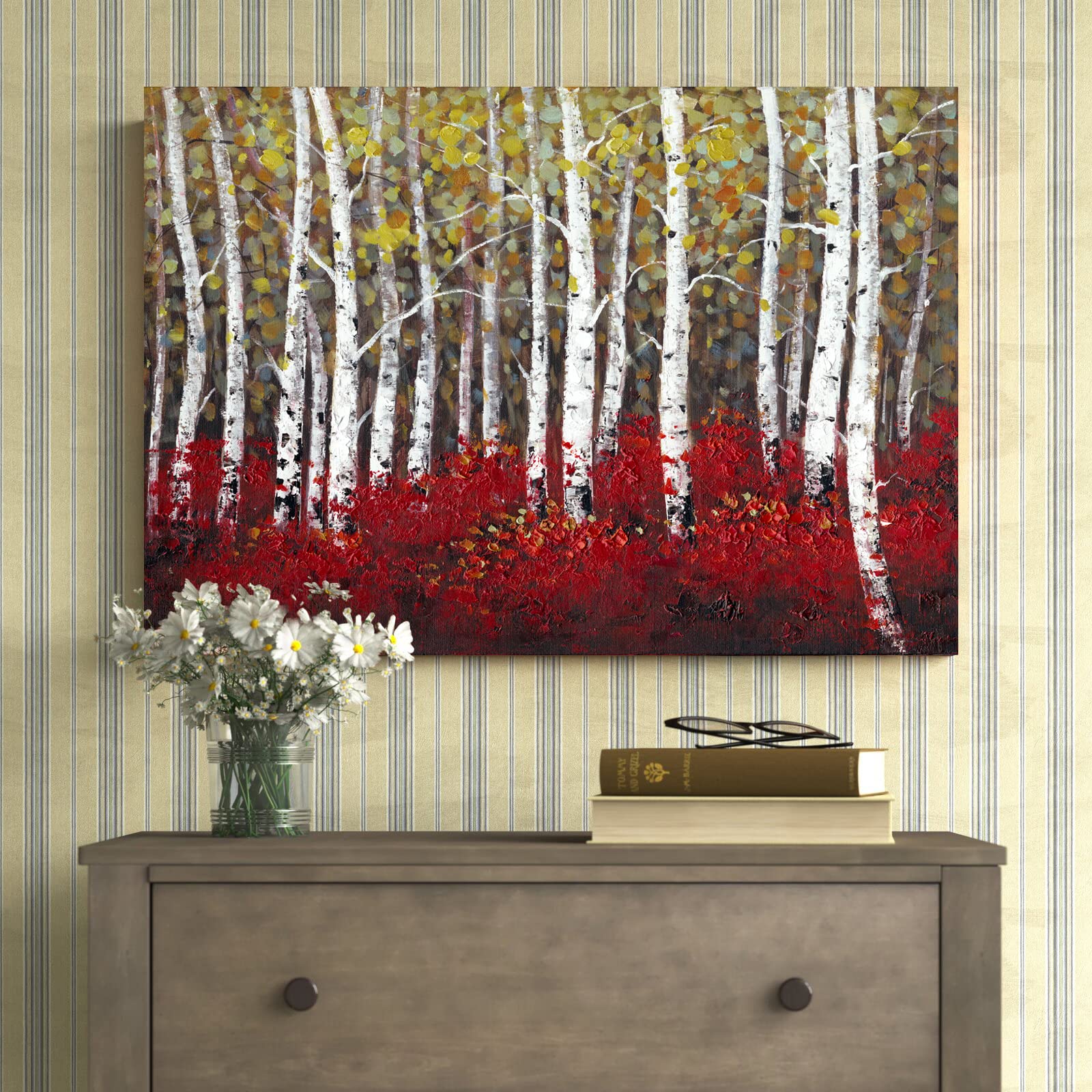 Hand Painted Tree Oil Canvas Wall Art - 28x40 Framed Rustic Decor for Bedroom & Living Room
