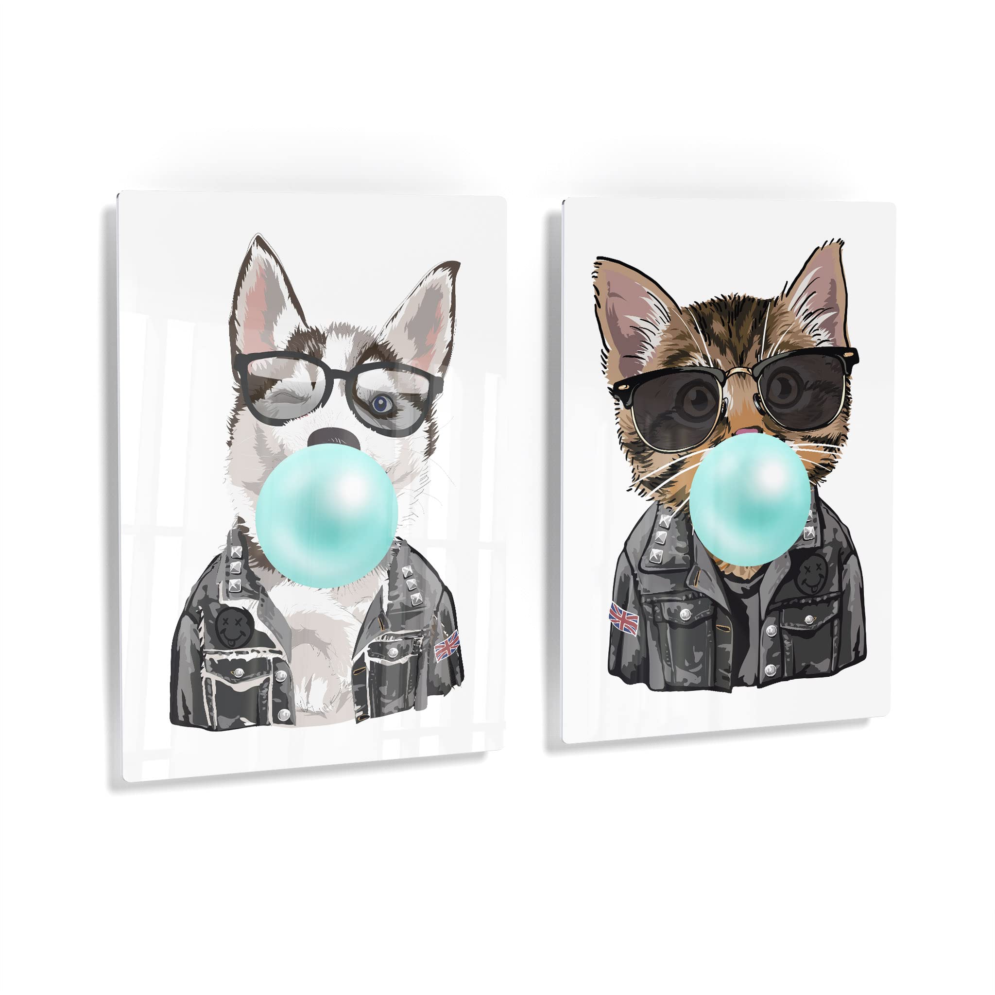 Husky Dog and Cat Chewing Bubble Gum Metal Wall Art Set - 2 Piece Animal Pop Art Prints for Living Room, Bedroom, Nursery Decor (40x30 inches) - Modern Home & Kids Room Wall Decor