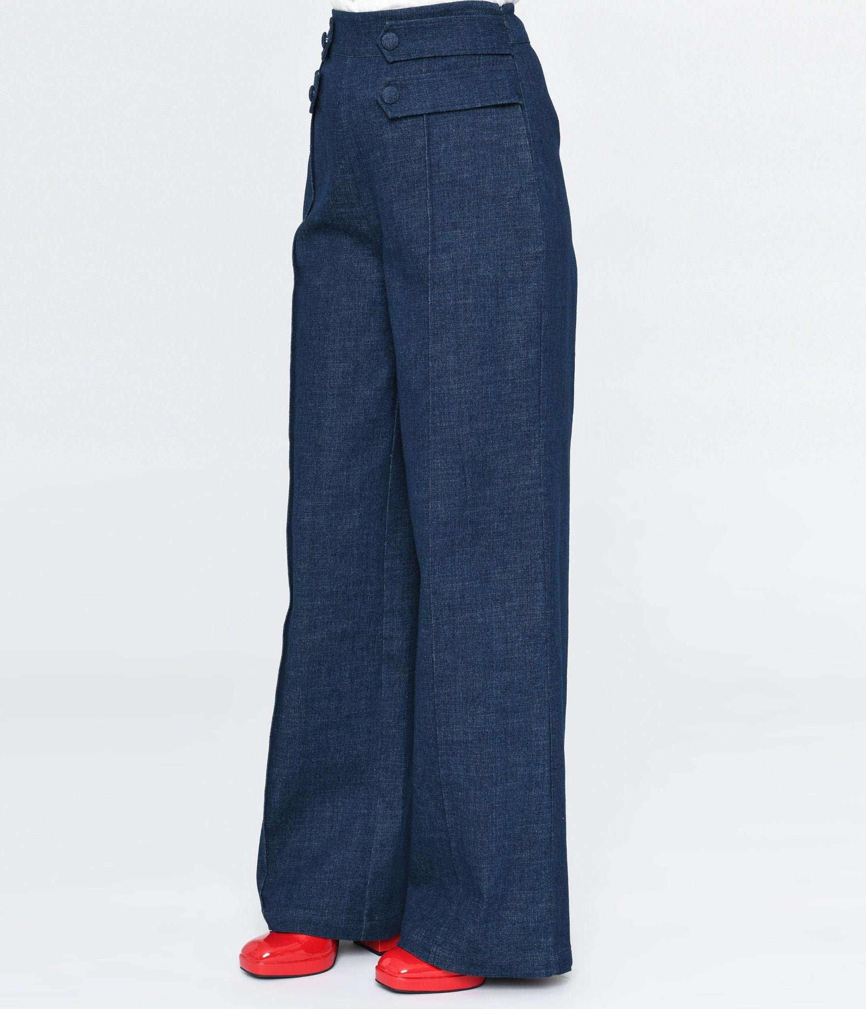 Vintage 1940s High Waist Wide Leg Denim Jeans for Women - Retro Tab Pants with Button Fly - Perfect for Casual Outfits, Themed Parties & Vintage Fashion Lovers