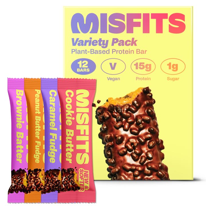 Misfits Vegan Protein Bars - Plant Based, Low Sugar & Carb, High Fiber Snacks | Variety Pack of 12 (4 Flavors) | Perfect for Post-Workout Recovery, Healthy On-the-Go Snacking & Weight Management