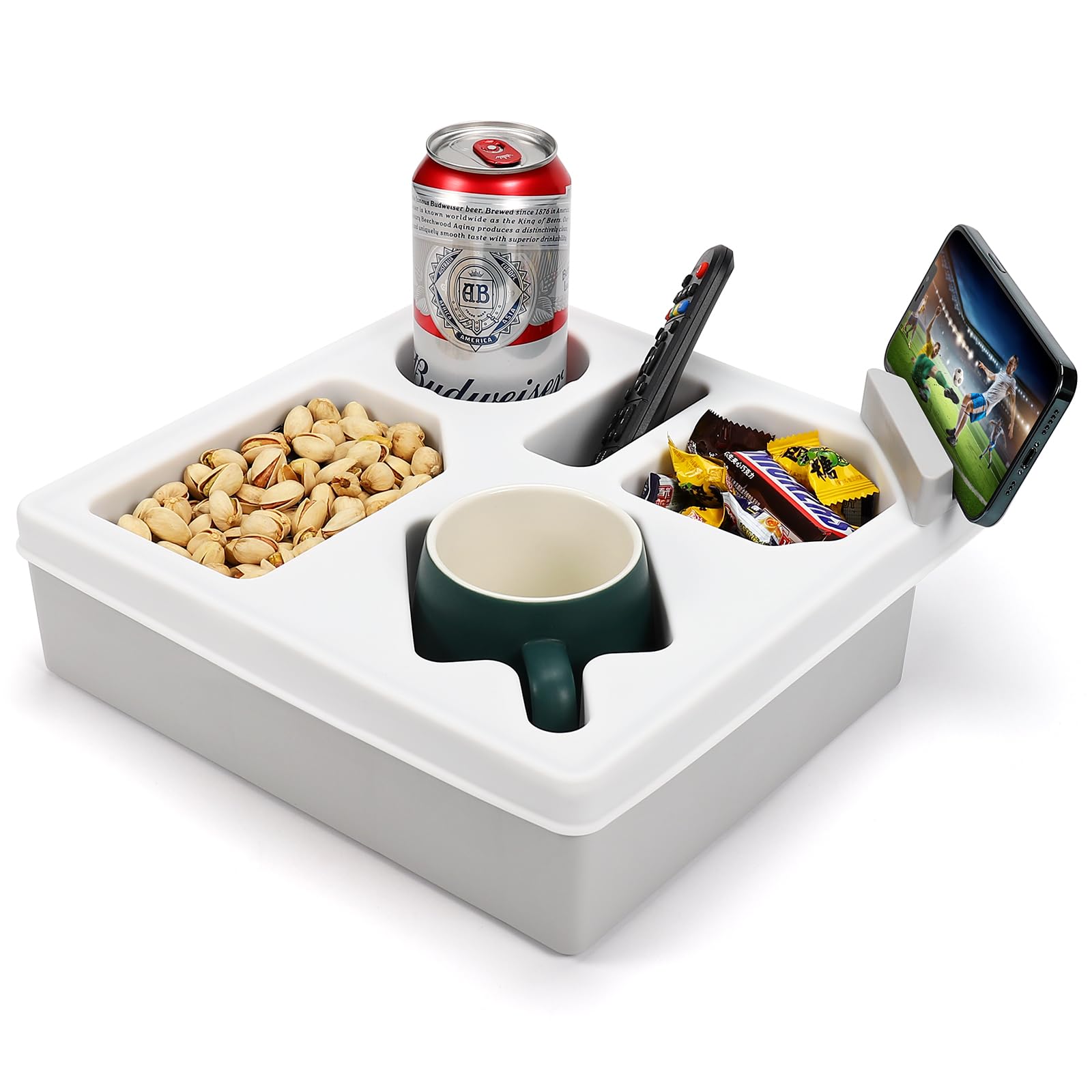 **Waterproof Silicone Couch Cup Holder Tray with Phone Stand - Universal Sofa Caddy for Bed, Seat, Car & Beach - Organize TV Remote, Snacks, Drinks & Cellphone (White) - Perfect for Movie Nights, Road Trips & Relaxing at Home**
