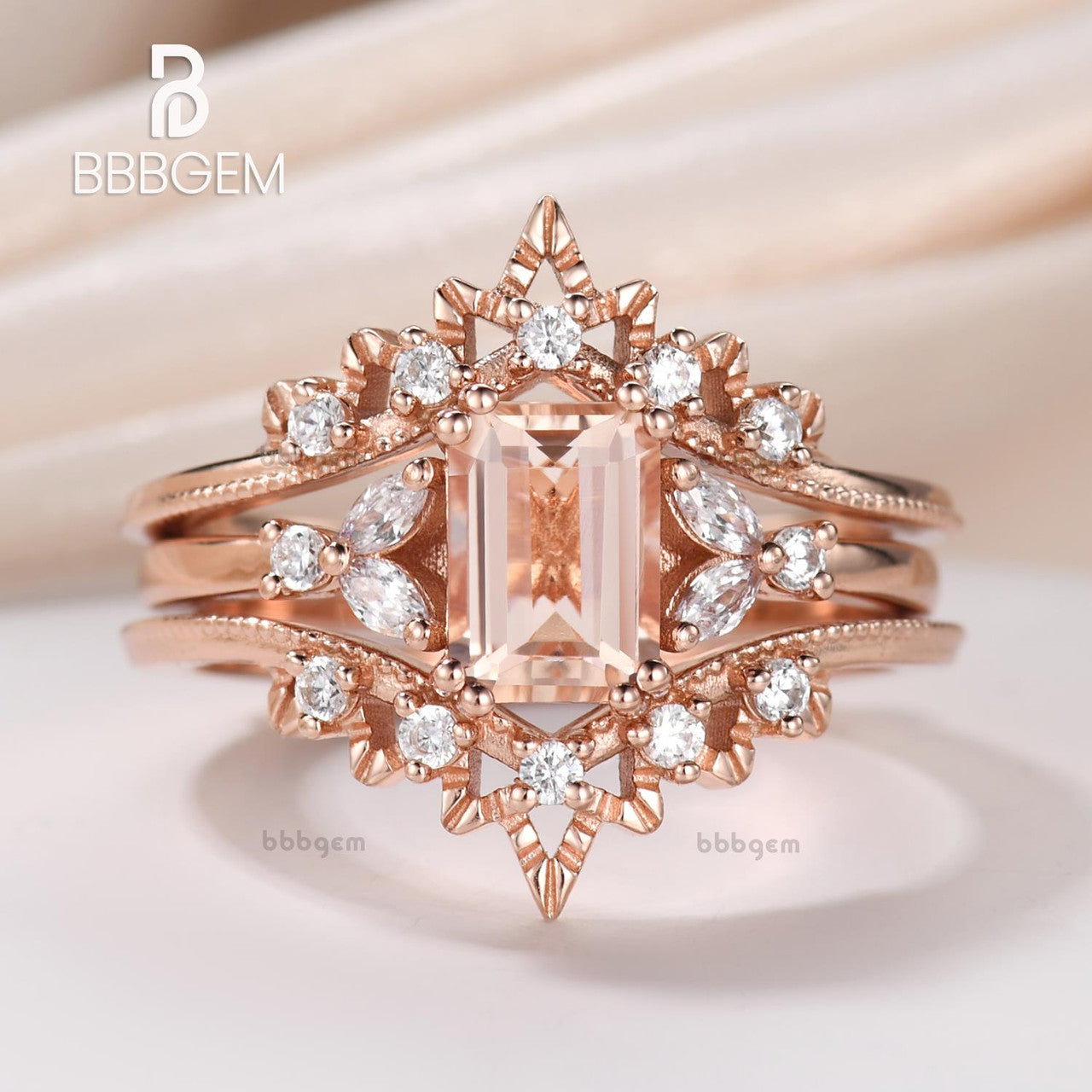 Vintage Morganite Emerald Cut Ring Set with Diamond Enhancer - Elegant Wedding, Engagement & Anniversary Jewelry for Women - Perfect for Proposals, Bridal Gifts & Special Occasions