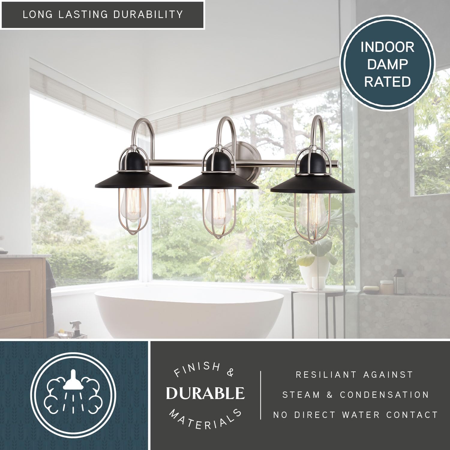 Galena 3-Light Matte Black & Nickel Coastal Bathroom Vanity Light Fixture - Perfect for Beach House, Coastal Cottage & Modern Bathroom Lighting