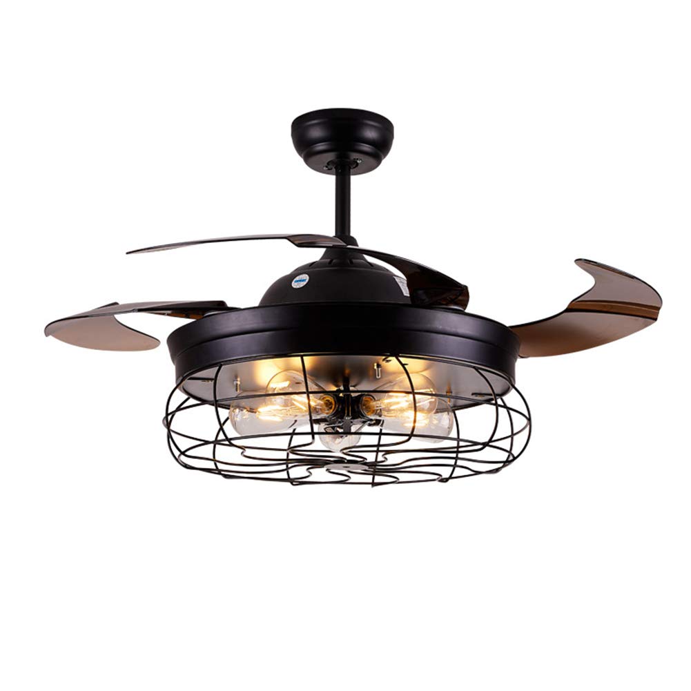 42 Inch Vintage Industrial Ceiling Fan with Light - Remote Control Retractable Blade Cage Chandelier Fan (5 Edison Bulbs Required) - Perfect for Farmhouse, Loft & Industrial Style Home Decor