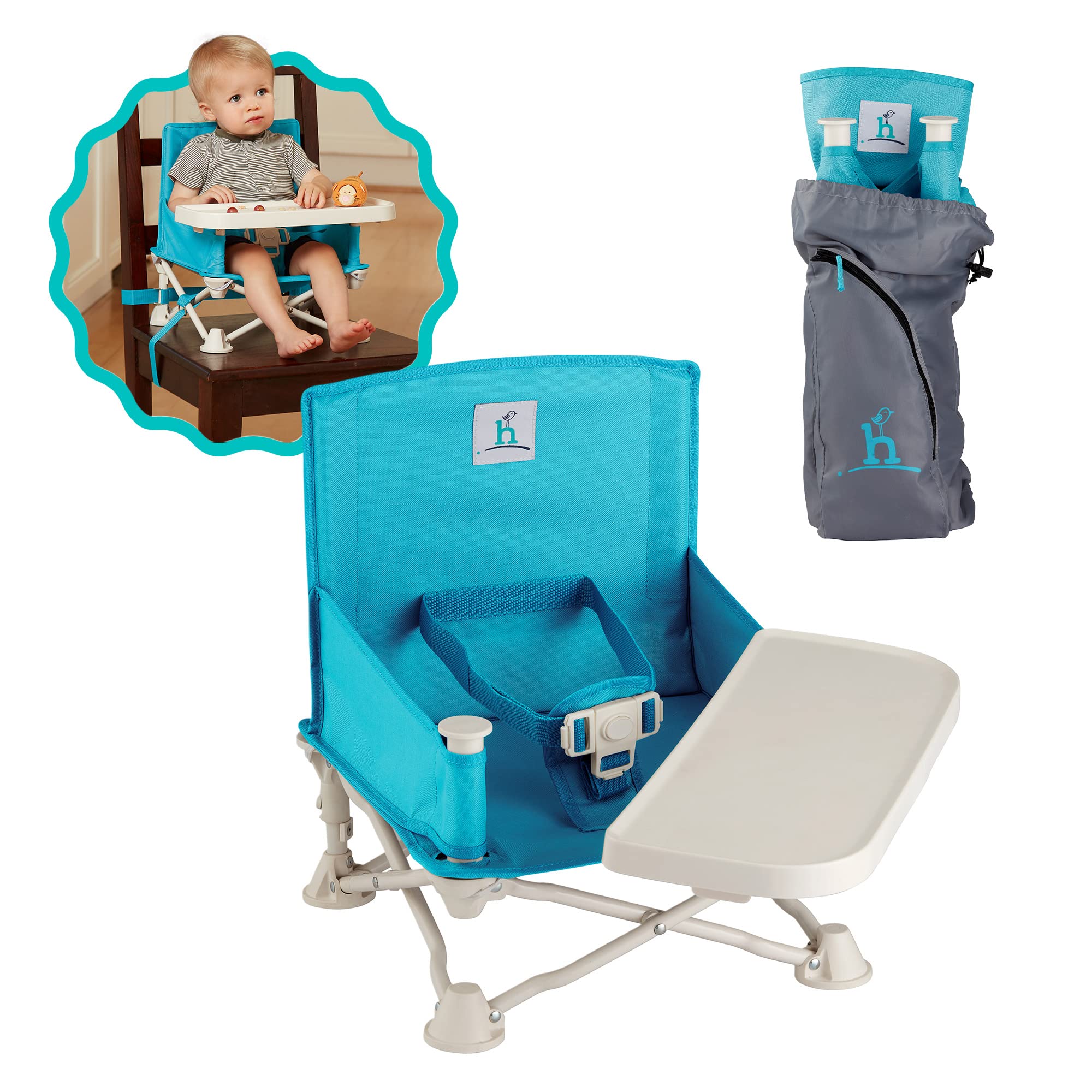 Hiccapop OmniBoost Travel Booster Seat with Tray for Babies & Toddlers | Foldable Portable High Chair for Dining, Camping, Beach, Travel & Grandma's House | Tip-Free Design Securely Straps to Chairs | Perfect for Restaurants, Picnics & Family Gatherings
