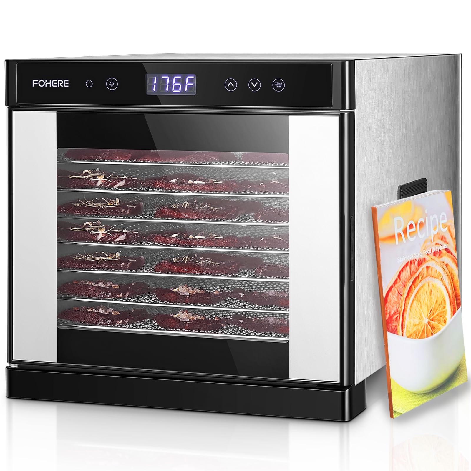 FOHERE 800W Food Dehydrator Machine with 8 Stainless Steel Trays - 176°F Adjustable Temperature, 48H Timer & 8.01ft² Drying Space - Perfect for Jerky, Herbs, Meat, Fruit - Includes Free Recipe Book - Ideal for Home Kitchen, Camping & Healthy Snack Preparation