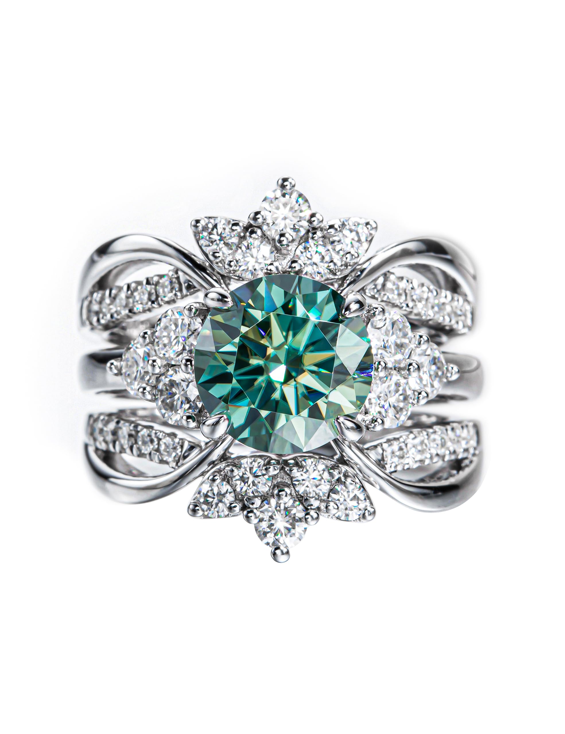 Vivid Blue Green Moissanite Wedding Ring Set for Women - 4.2cttw Engagement & Anniversary Band - Platinum Plated Sterling Silver Wrap Enhancer - Size 7 - Perfect for Bridal, Proposal & Special Occasions