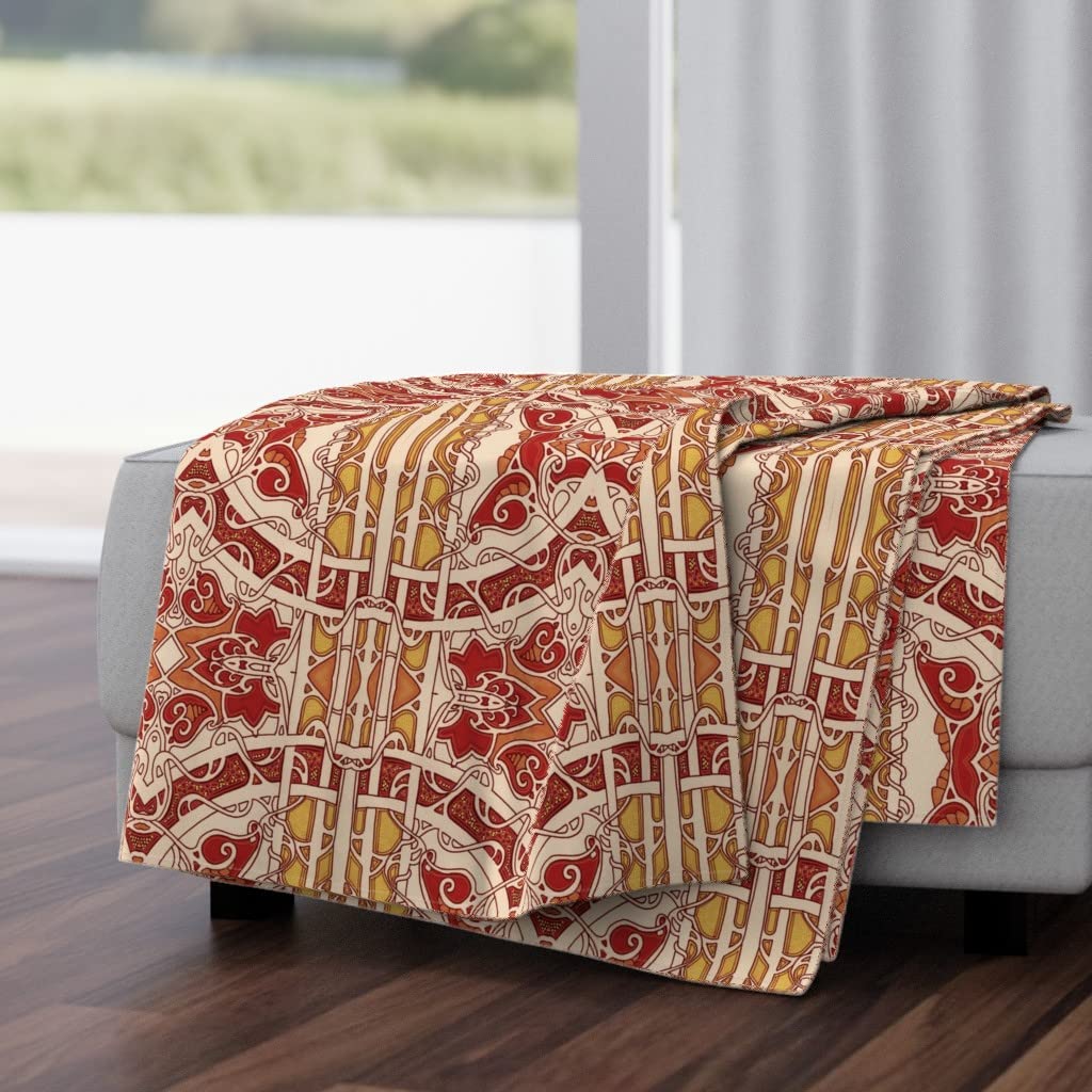 Luxe Velvet Throw Blanket 50x70 Inches - Autumn Leaf Nouveau Art Scallop Edge Fall Colors Vertical Stripe Print | Cozy Sofa Blanket for Living Room, Bedroom Decor & Seasonal Home Accent