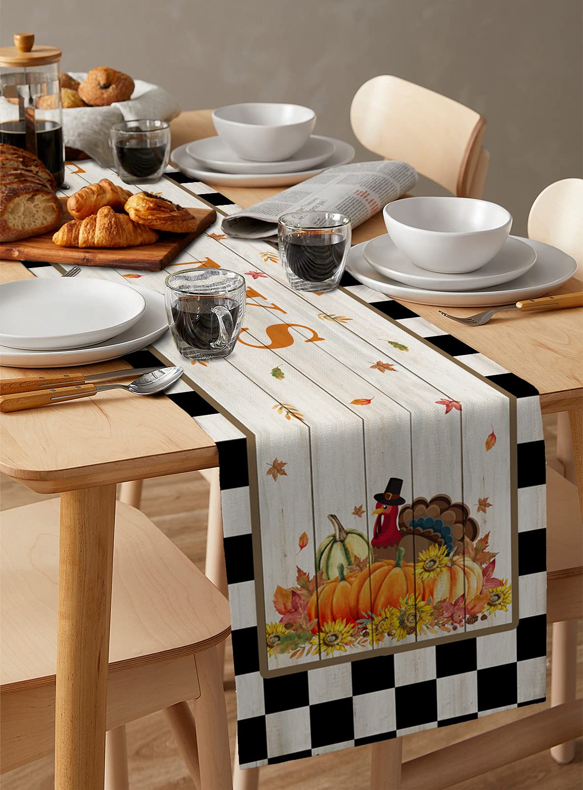 Thanksgiving Burlap Table Runner - 120 Inch Fall Harvest Decor with Pumpkins & Sunflowers in Black White Plaid for Dining, Coffee, Kitchen Tables - Perfect for Holiday Parties, Home Decor, and Autumn Gatherings