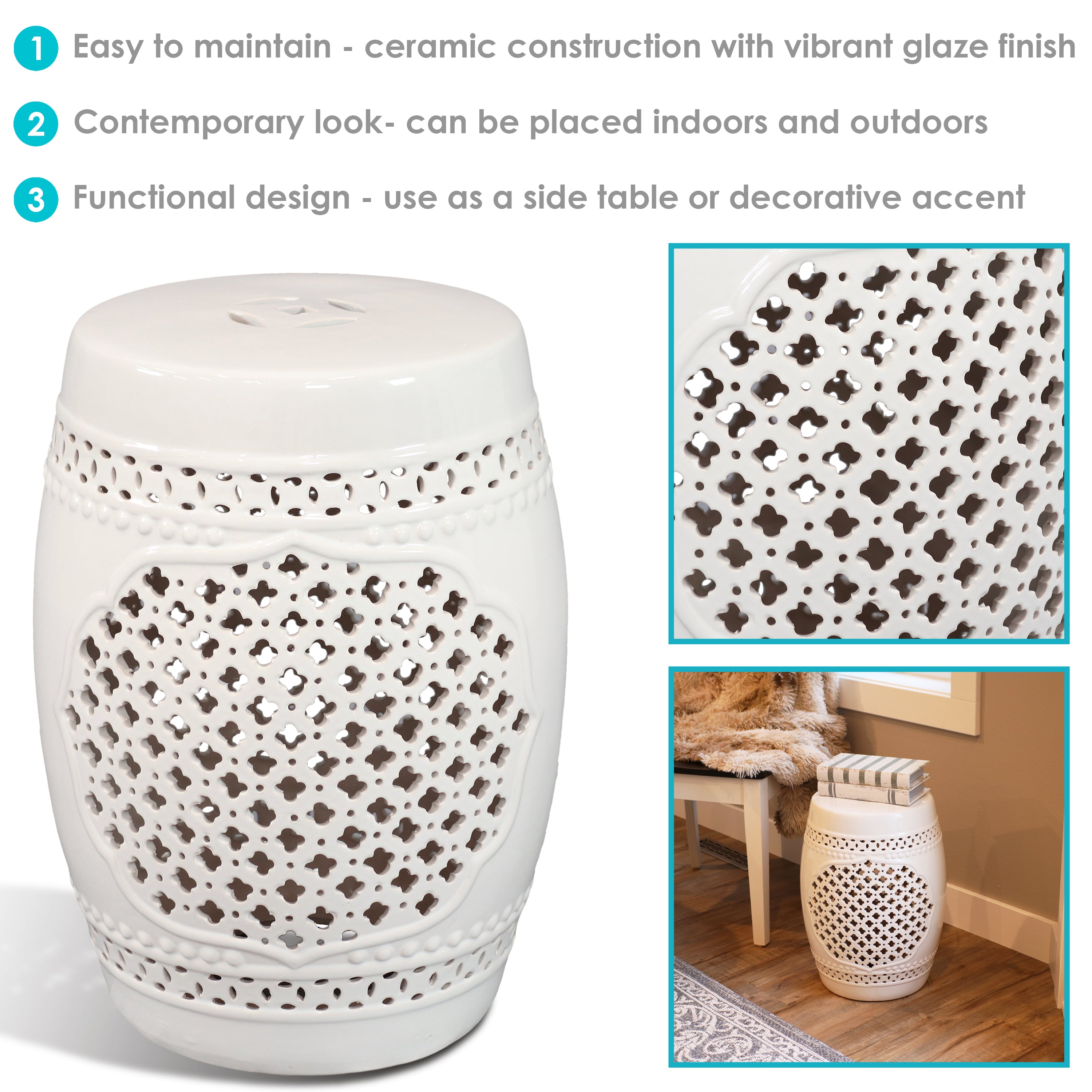 Sunnydaze Marrakesh Lattice Ceramic Garden Stool Side Table - 17.75 Inch Outdoor Patio Furniture, Boho Decor for Porch, Poolside, or Living Room Accent