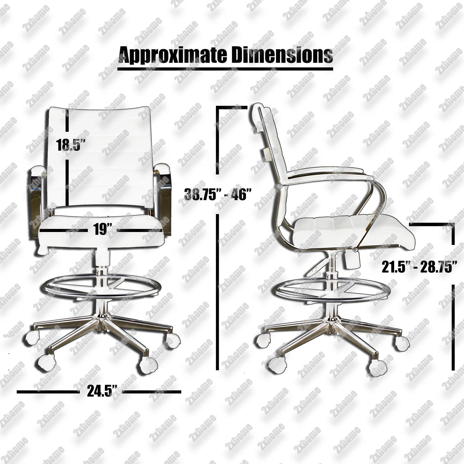 2xhome Modern Adjustable Ergonomic Office Chair - Designer Drafting Chair with Arms & Ribbed Back Support, Brown - Perfect for Home Office, Computer Work & Creative Workspaces